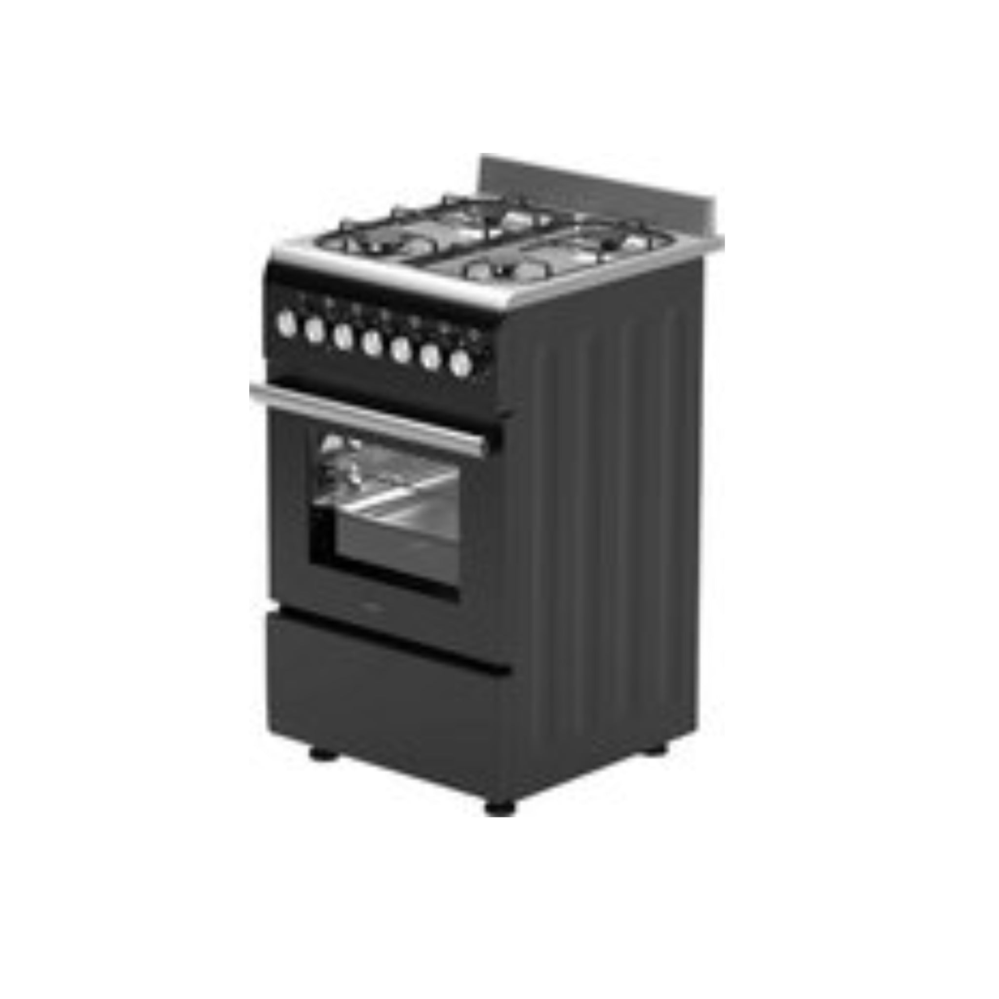 A black gas stove with four burners, an oven, and a drawer below.