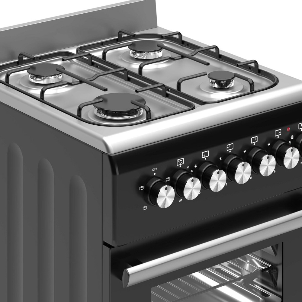 A black gas stove with four burners and silver control knobs.