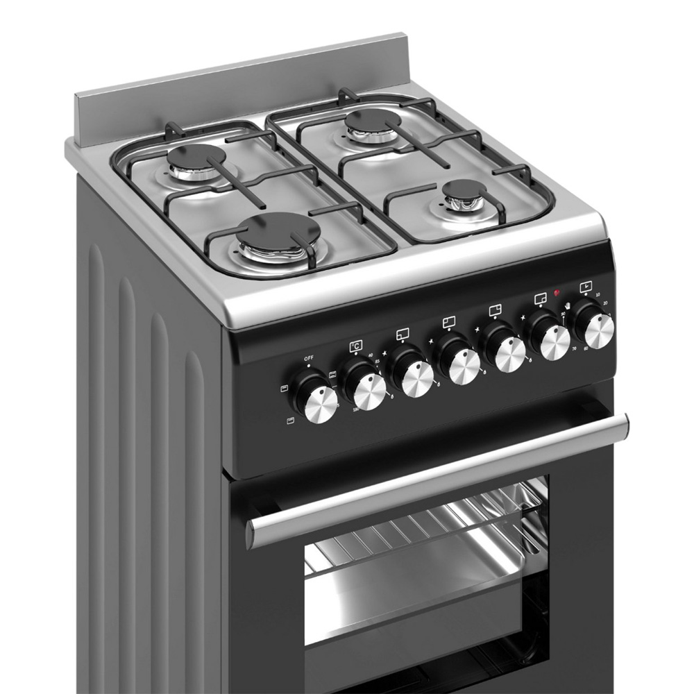 A black gas stove with four burners, stainless steel top, and control knobs.