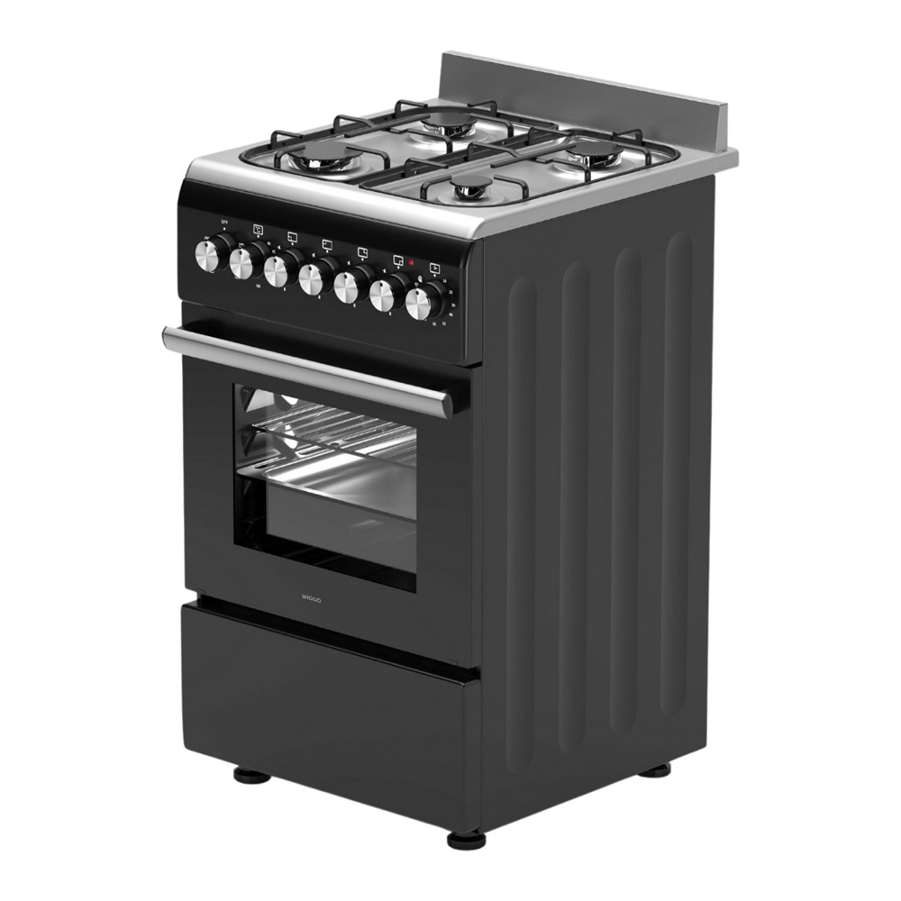 A black gas stove with four burners, an oven, and a drawer below.