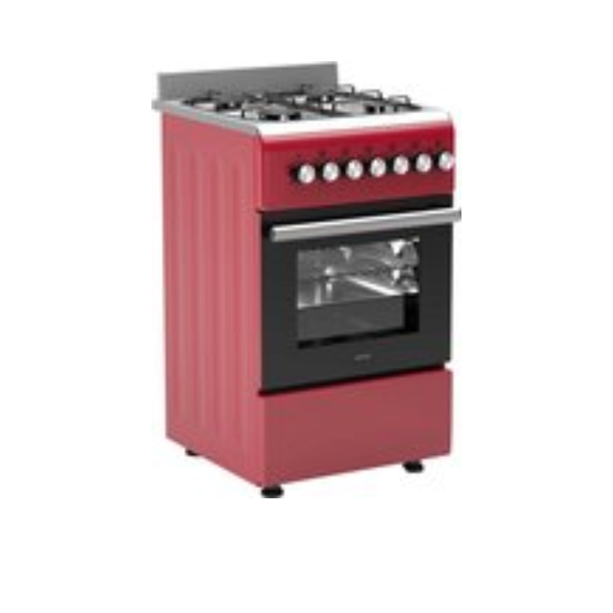 Une cuisinière à gaz rouge avec quatre brûleurs, un four et des boutons argentés.