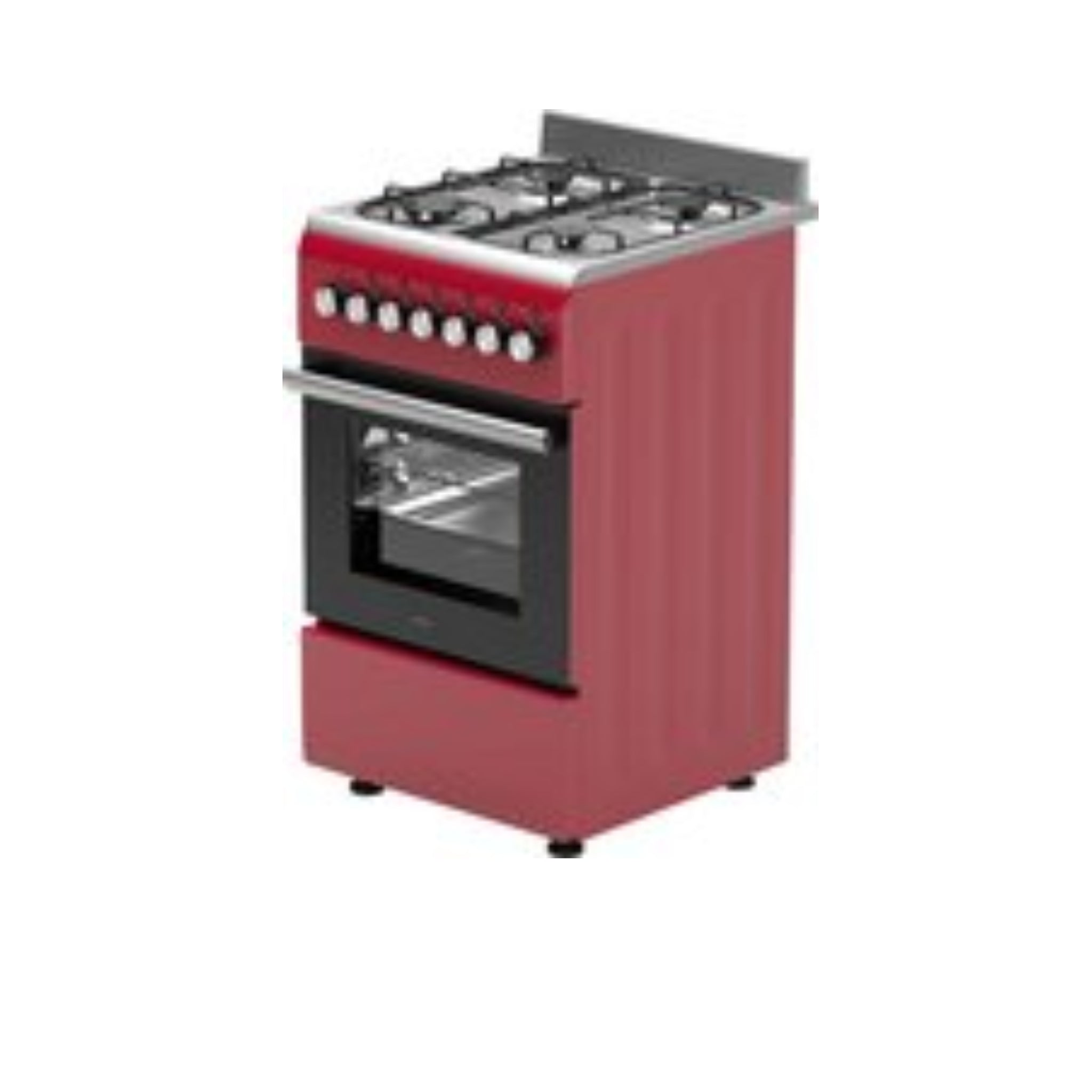 Cuisinière à gaz rouge avec quatre brûleurs et four. Boutons et poignée argentés.