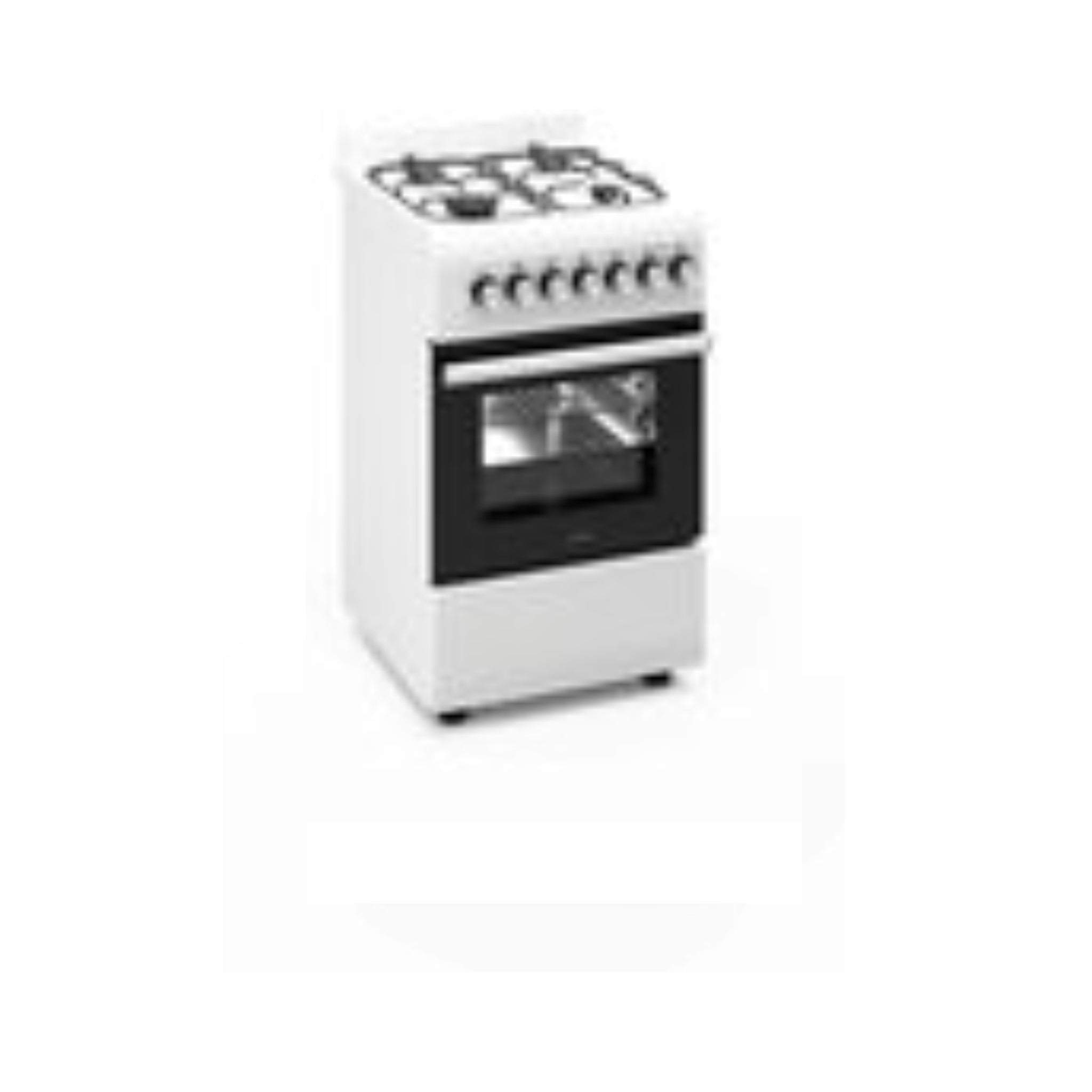 A white gas stove with four burners and an oven with a black door.