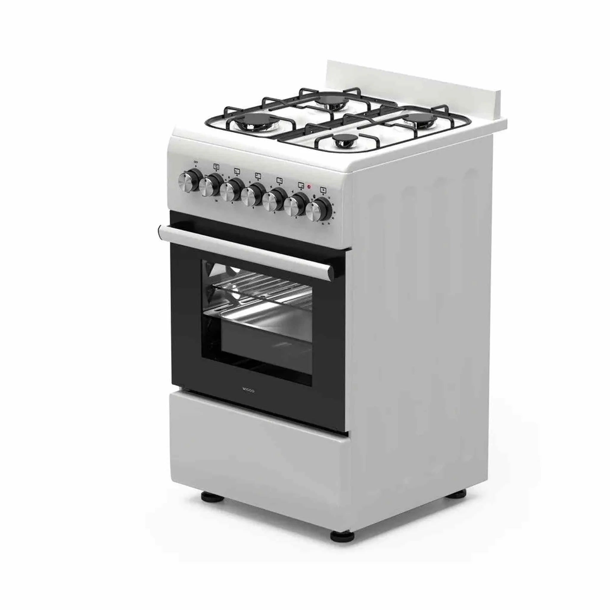 A white gas stove with four burners, an oven door, and control knobs.