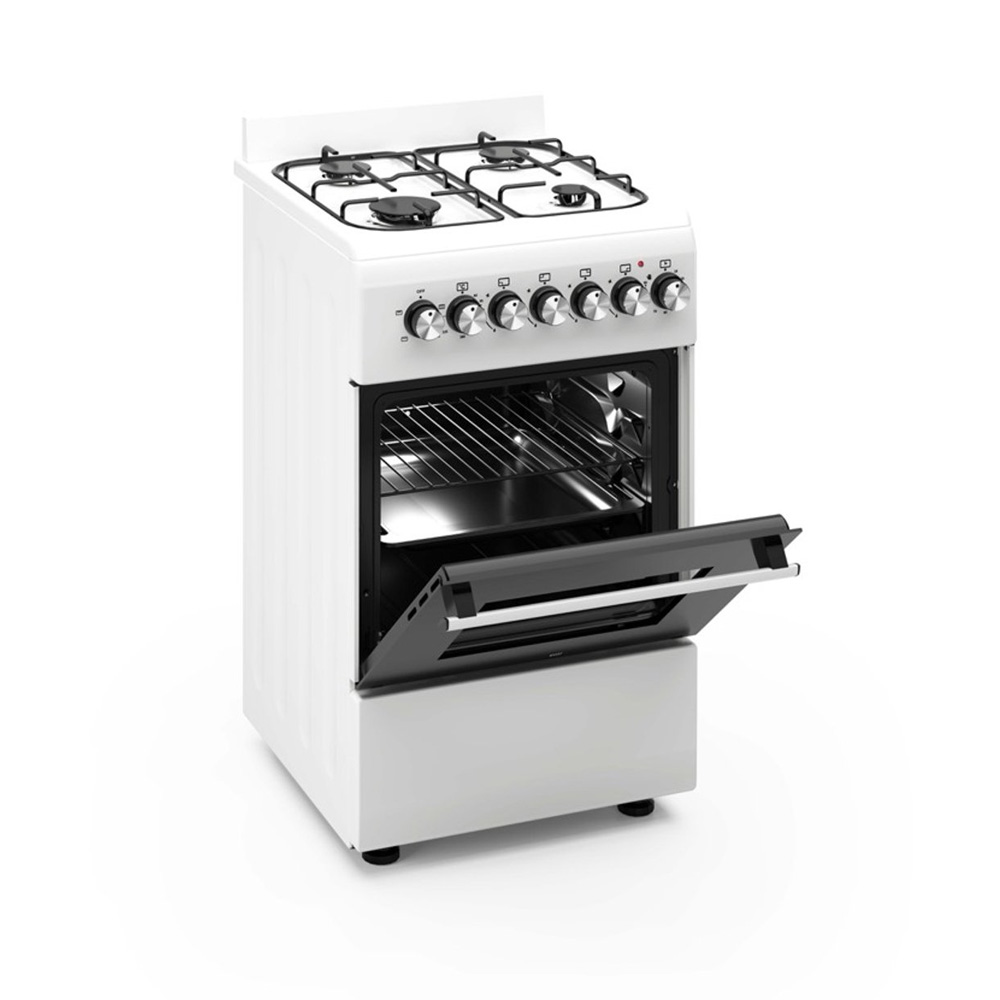 A white gas stove with its oven door open, showing racks.