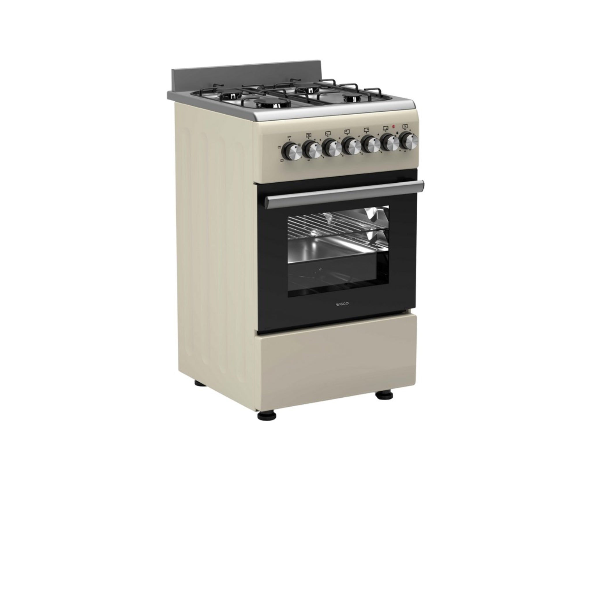 Une cuisinière à gaz crème avec une porte de four noire et des boutons argentés.