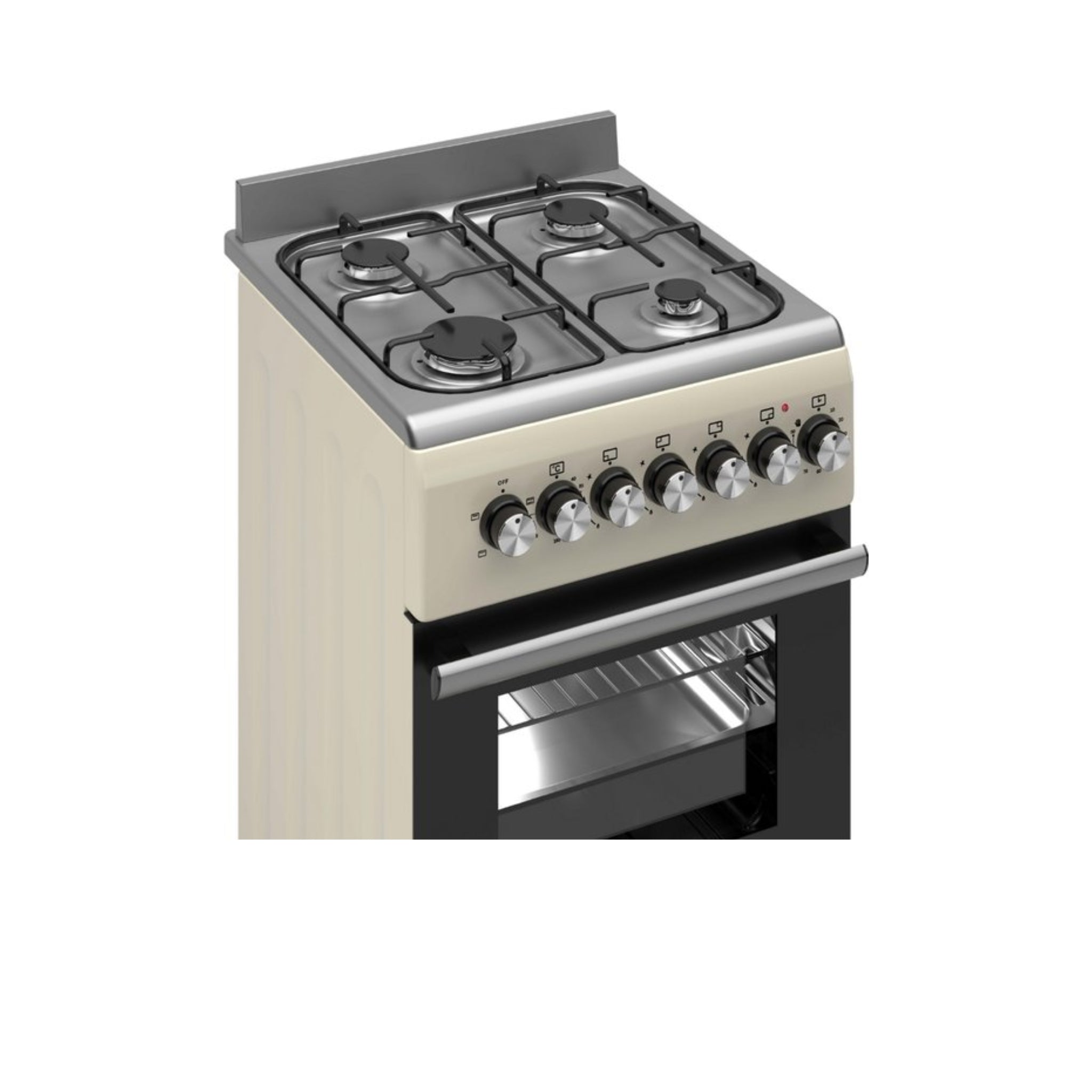 Une cuisinière à gaz crème avec quatre brûleurs et un four à porte vitrée.