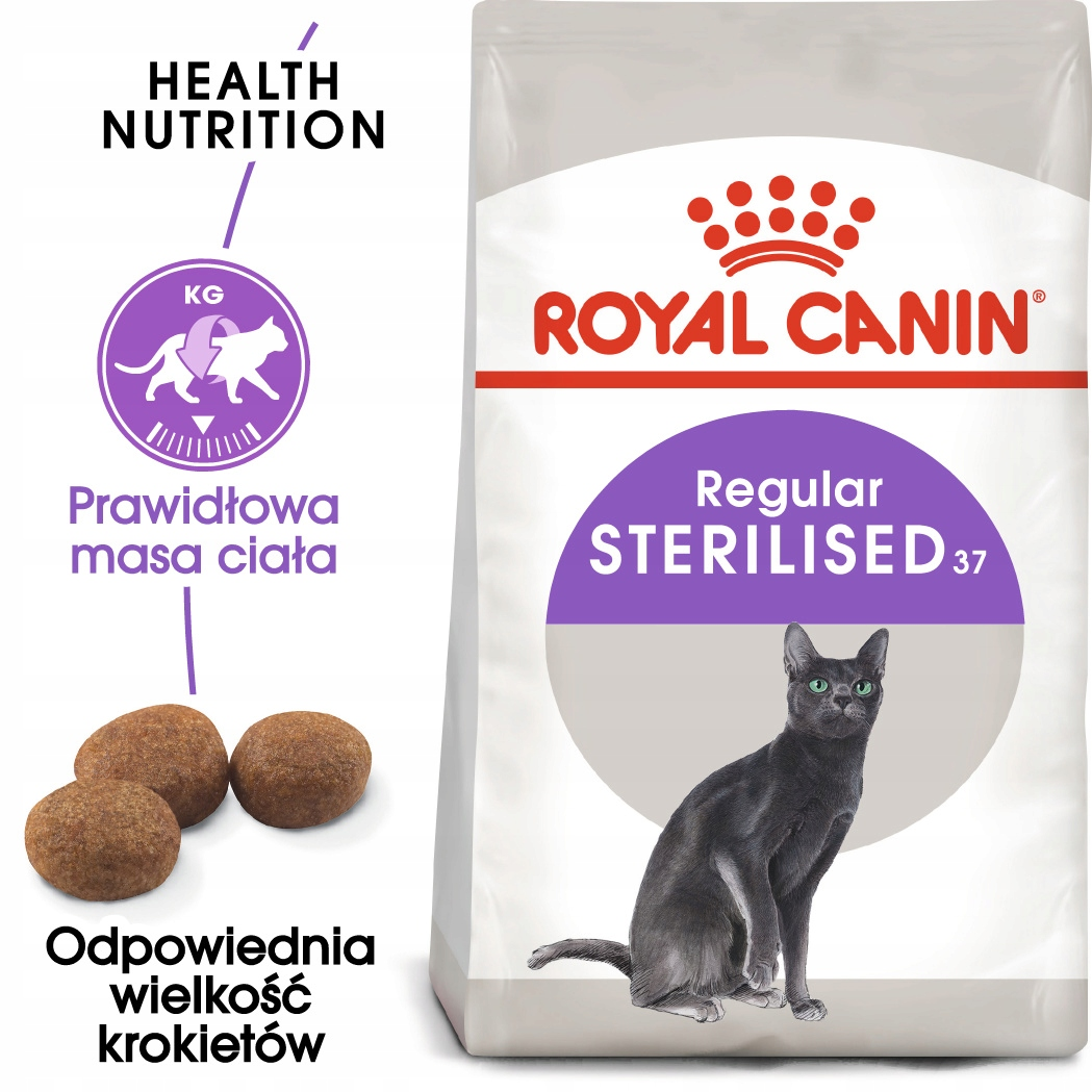 Worek karmy suchej Royal Canin dla kotów, z krokietami i ilustracją kota.