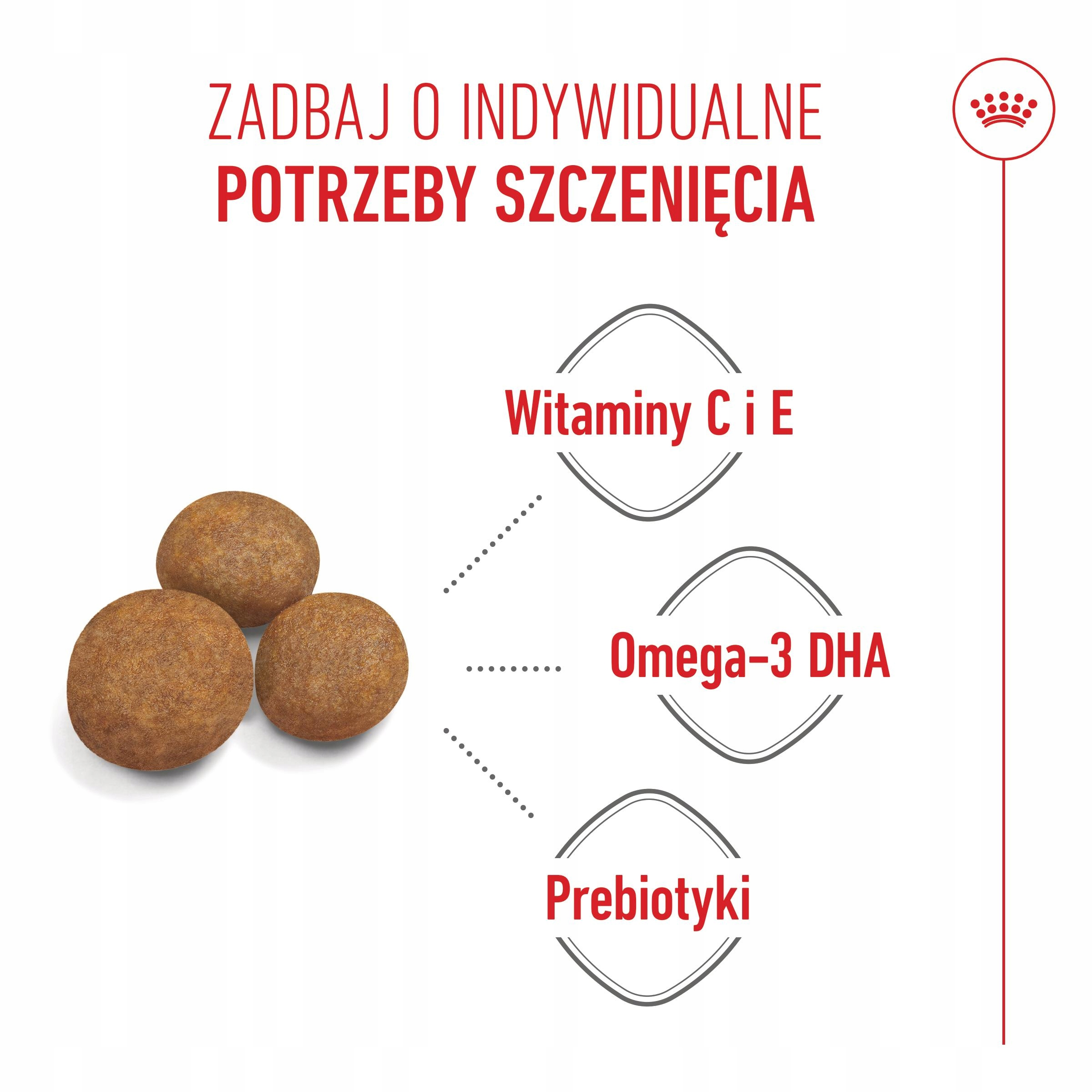 Karma dla psa z witaminami C, E, Omega-3 DHA i prebiotykami.