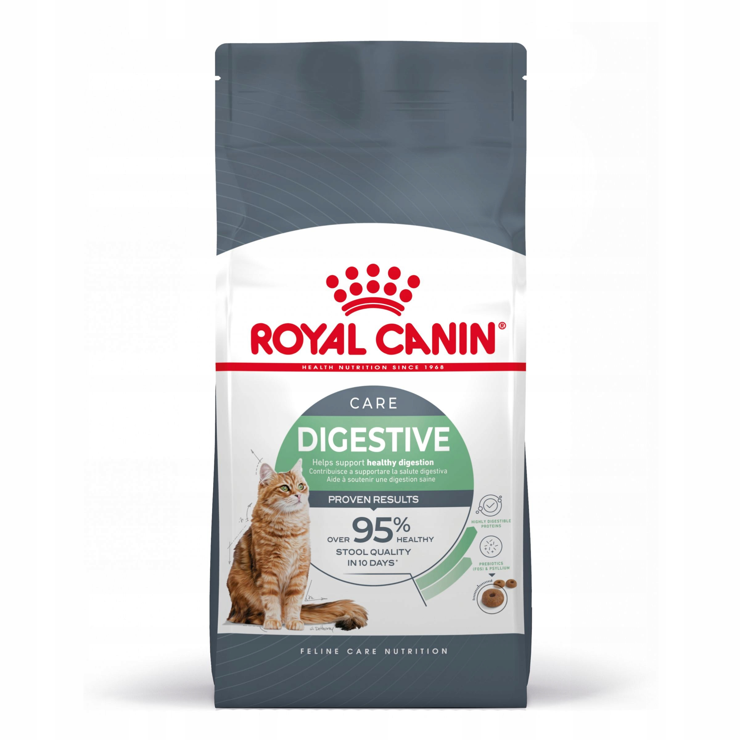 Torba karmy Royal Canin Digestive dla kotów z pomarańczowym pręgowanym kotem.
