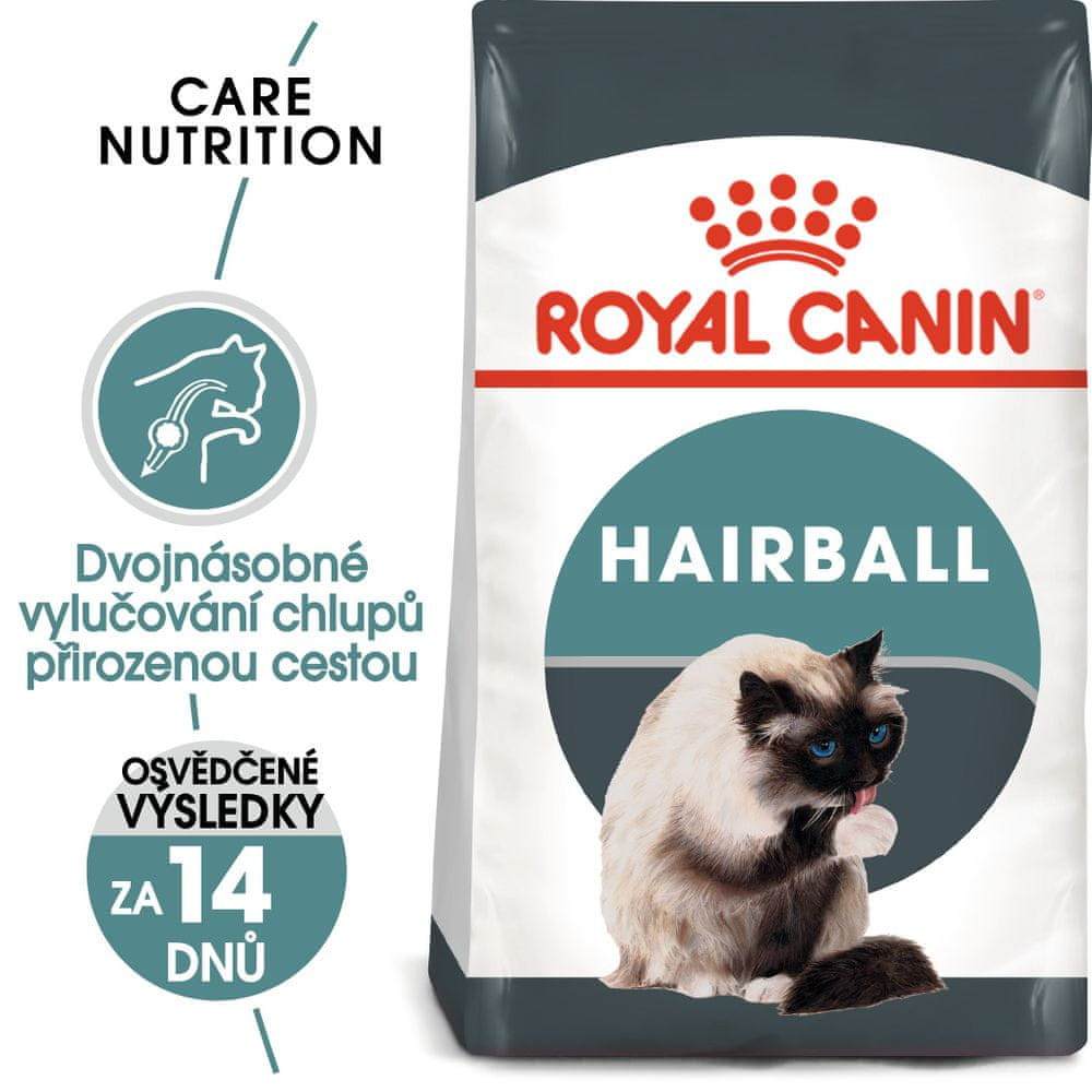 Torba karmy dla kotów Royal Canin Hairball z kotem liżącym się.