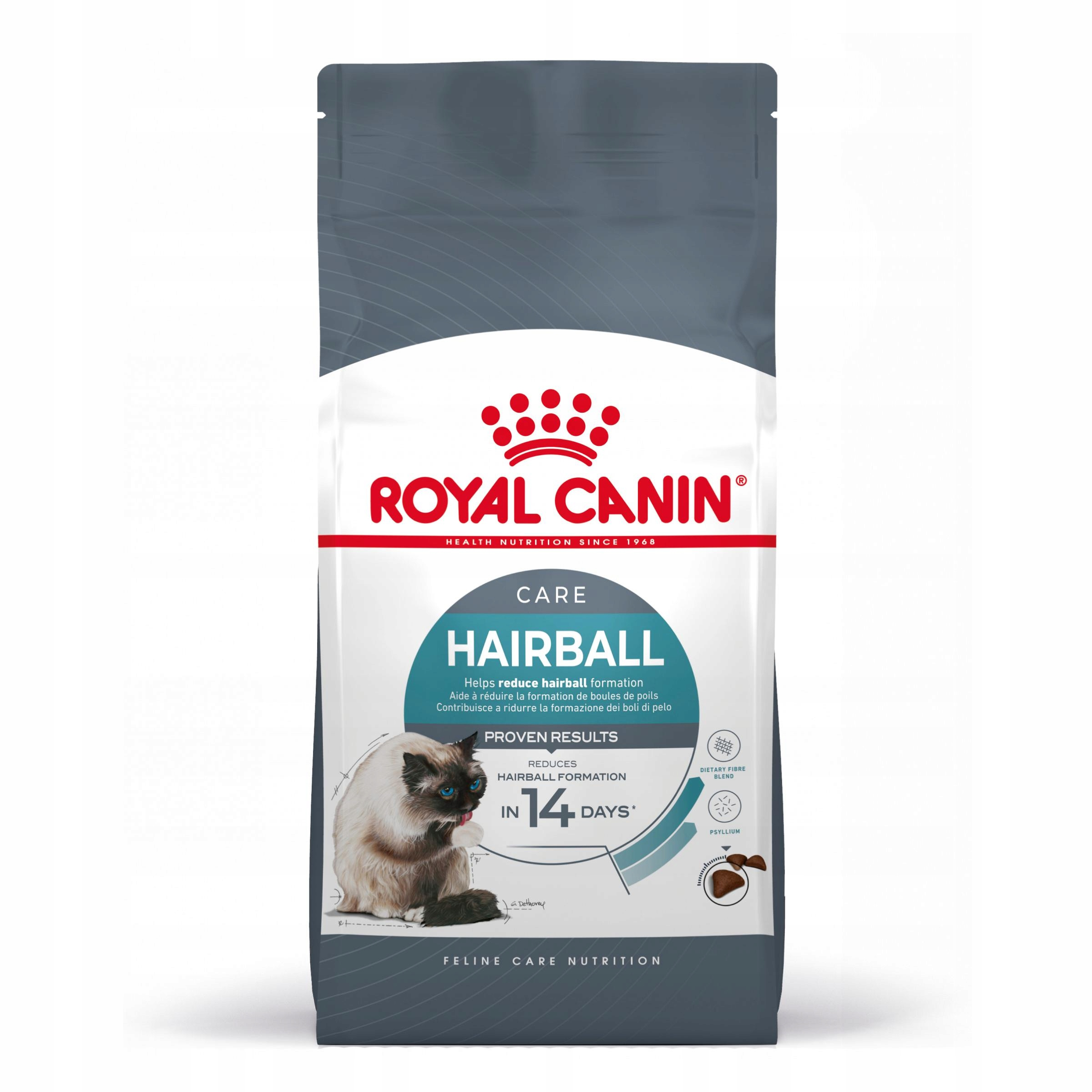Opakowanie karmy Royal Canin Hairball dla kotów z kotem i tekstem.
