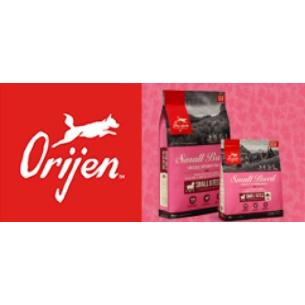 Logo Orijen na czerwonym tle i dwie różowe torby z karmą dla psów.