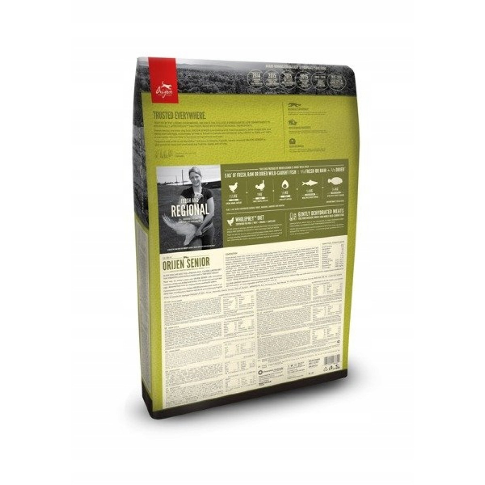 Tył opakowania karmy dla psów Orijen Senior z informacjami i zdjęciami.