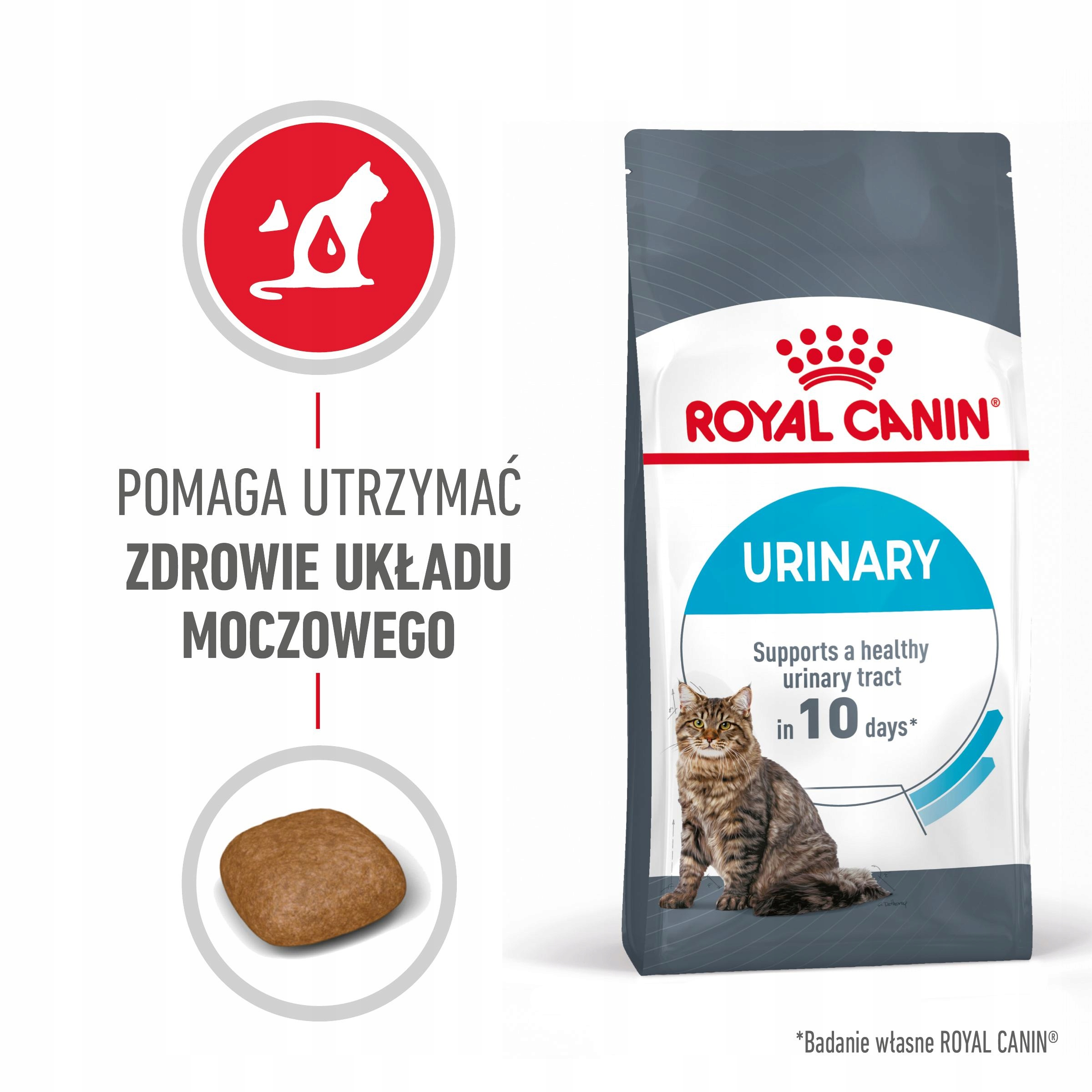 Karma dla kotów Royal Canin Urinary z wizerunkiem kota i karmą.