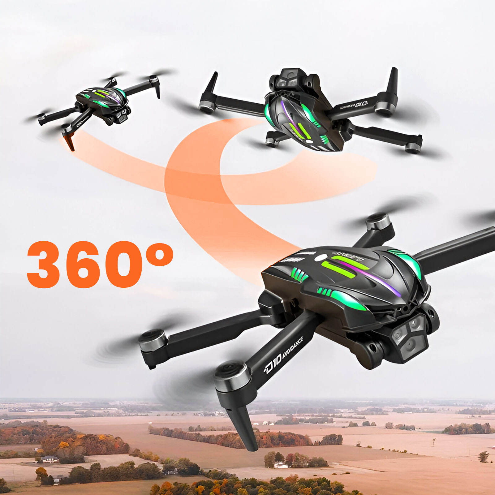 Tres drones negros con luces verdes y moradas vuelan sobre un paisaje.