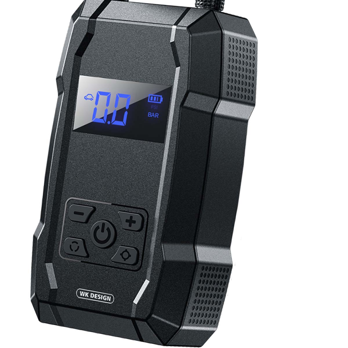 Schwarzer digitaler Reifendruckprüfer mit blauem LCD-Display und Tasten.