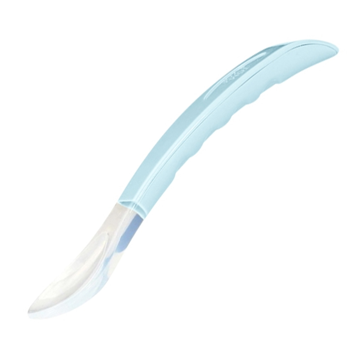 Un cucchiaio per neonati blu chiaro e curvo con testina in silicone trasparente.