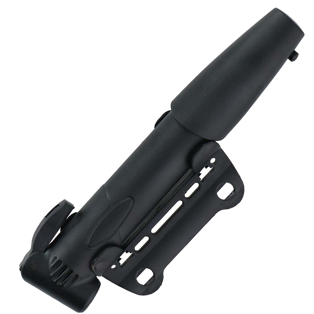 Une poignée de pompe à vélo noire et compacte avec support de fixation, isolée sur blanc.