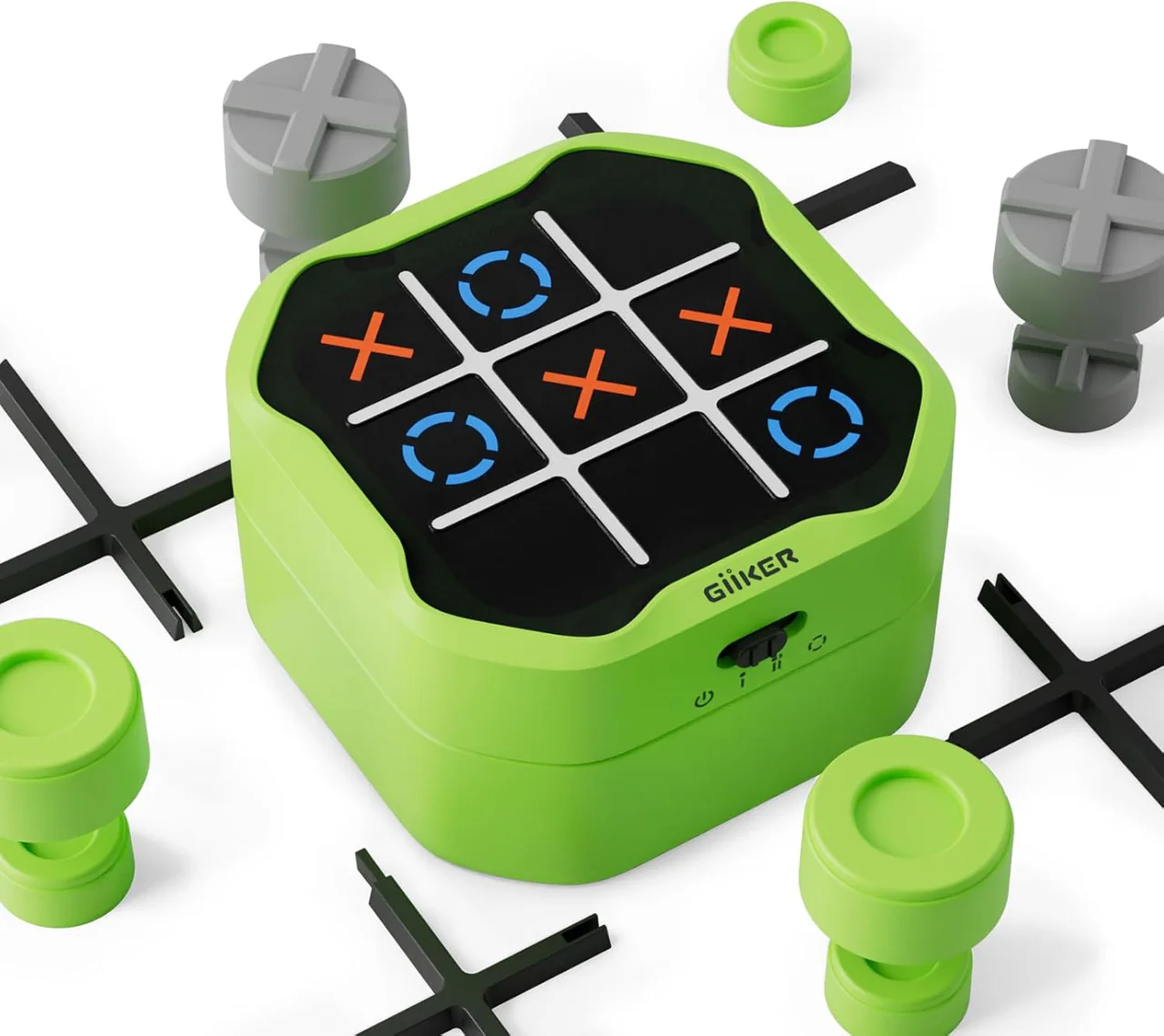 A green tic-tac-toe game with X and O markers on the board.