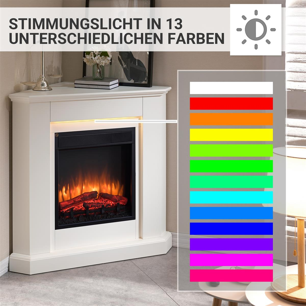 Ein weißer Kaminsims mit einem elektrischen Kaminfeuer und 13 Farboptionen.