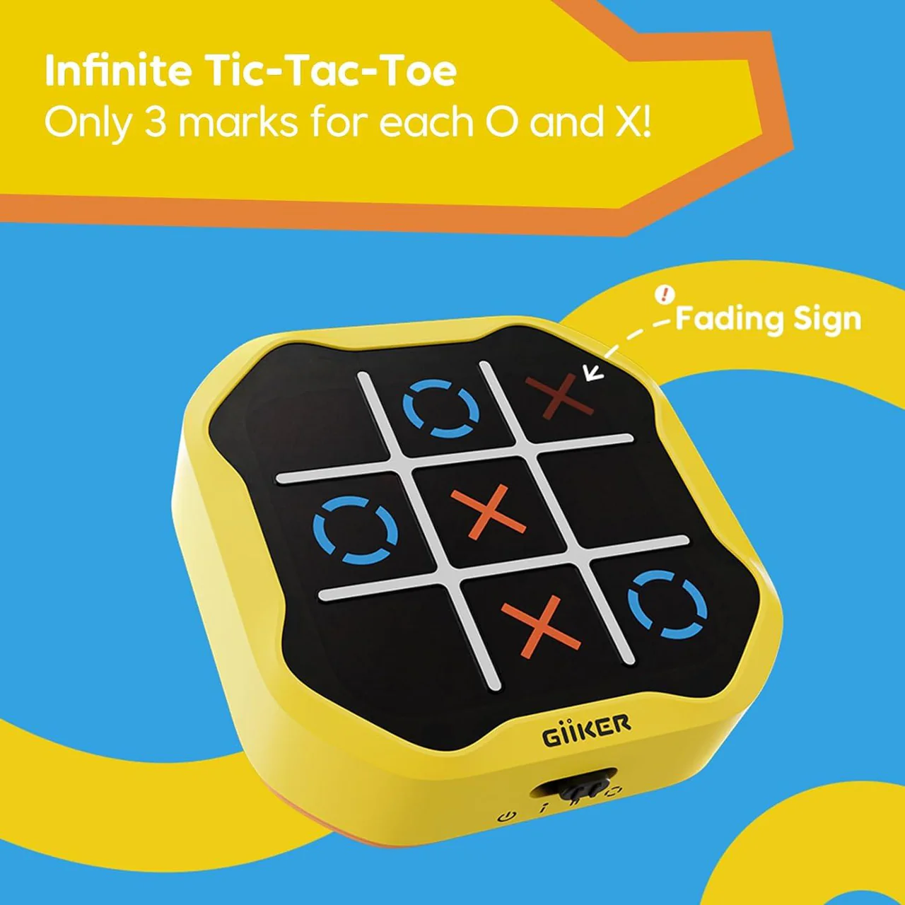 Geel Tic-Tac-Toe spel met X en O tekens. Tekst: Oneindige Tic-Tac-Toe.