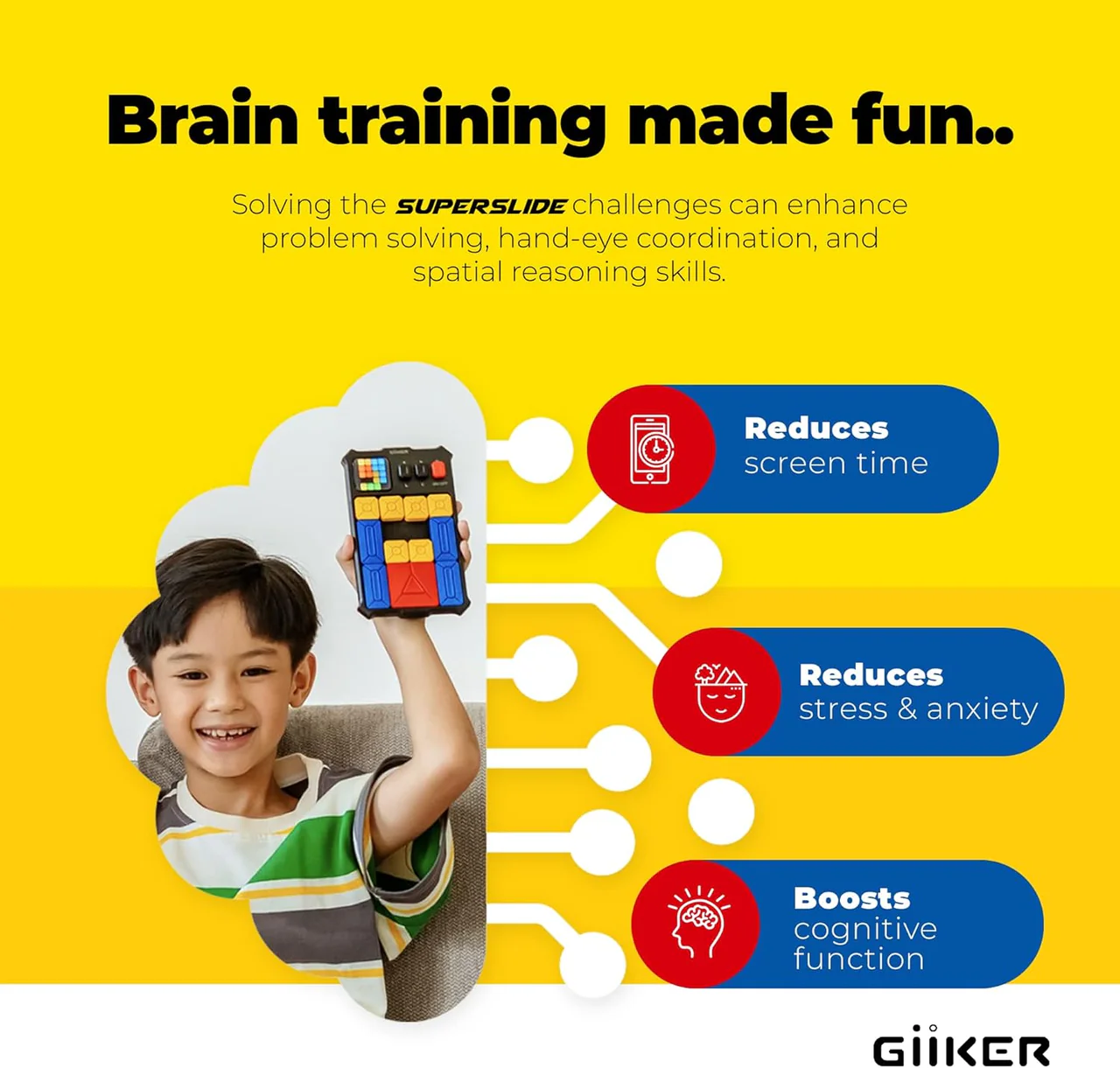 Boy holds a brain training toy. It reduces screen time, stress, and boosts cognitive function.