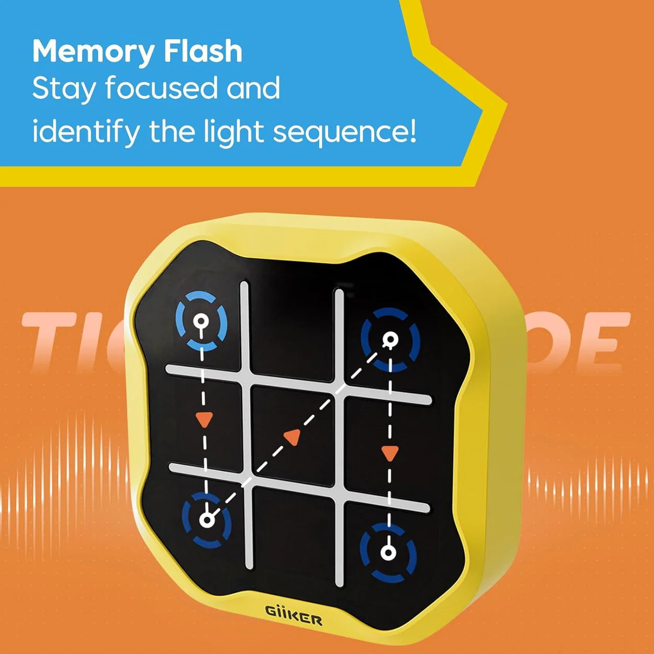 Yellow game device with lights and grid for a memory game.