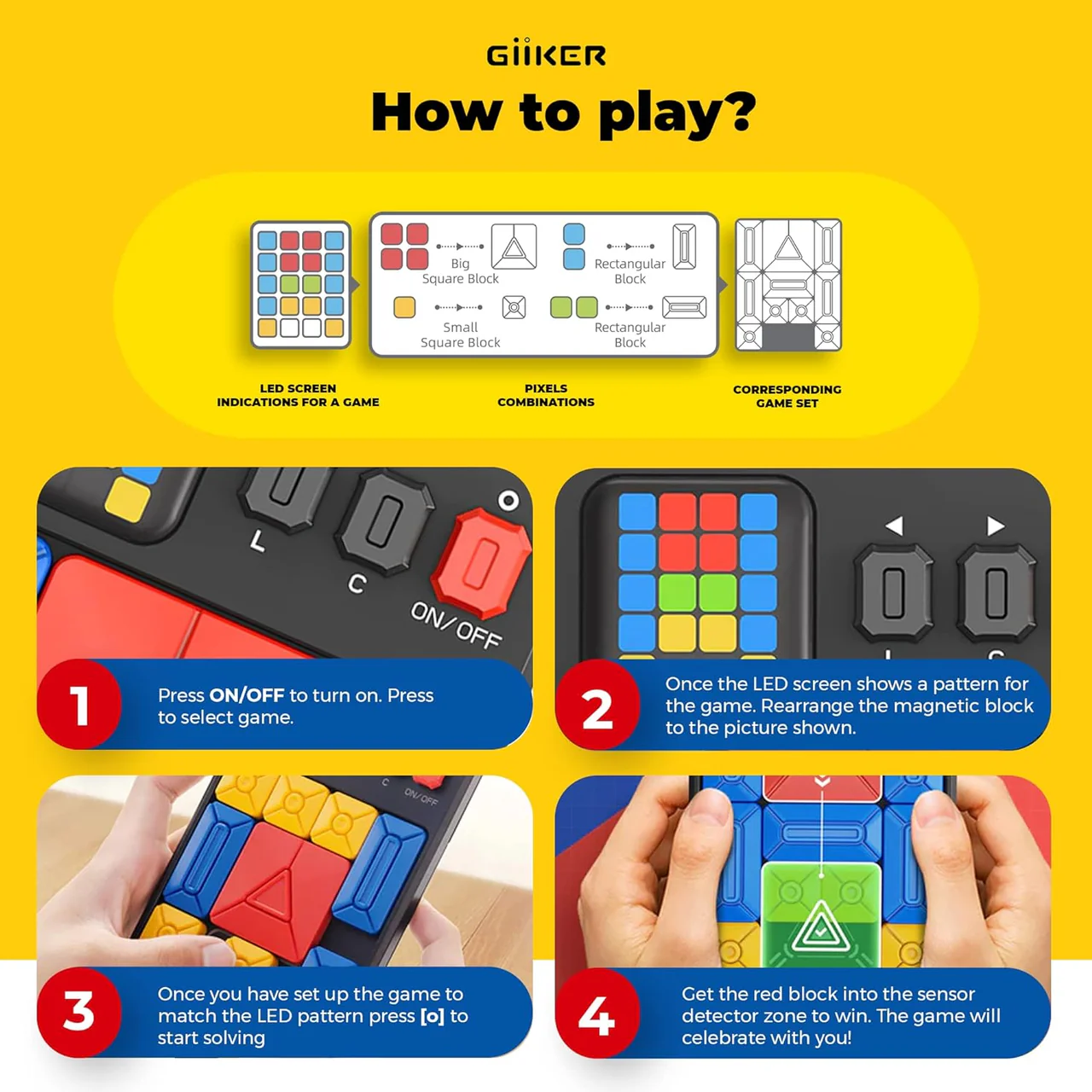 Instructions: Turn on, set up game, arrange blocks to match pattern, win.