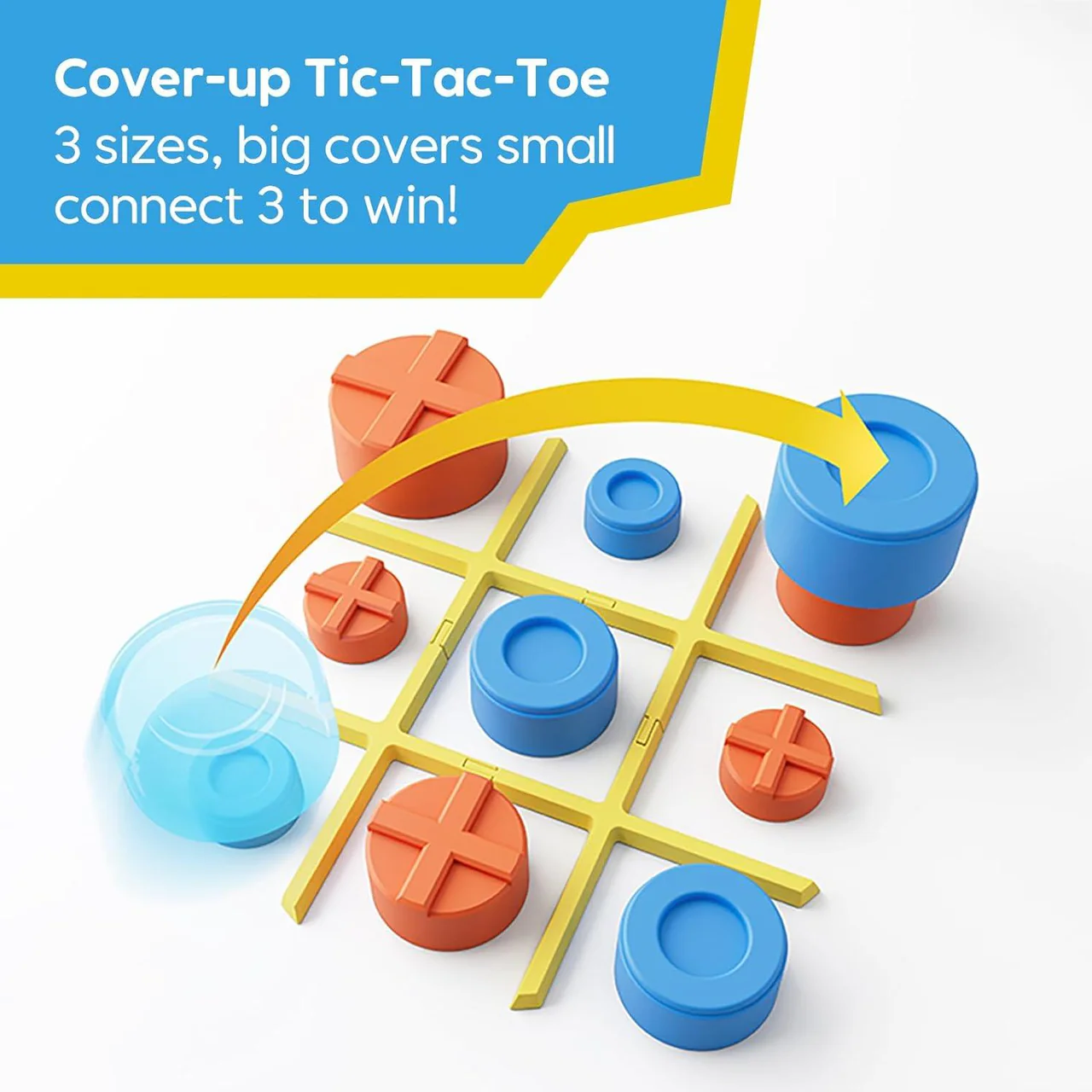 Tic-Tac-Toe game with orange crosses and blue circles on a yellow grid.