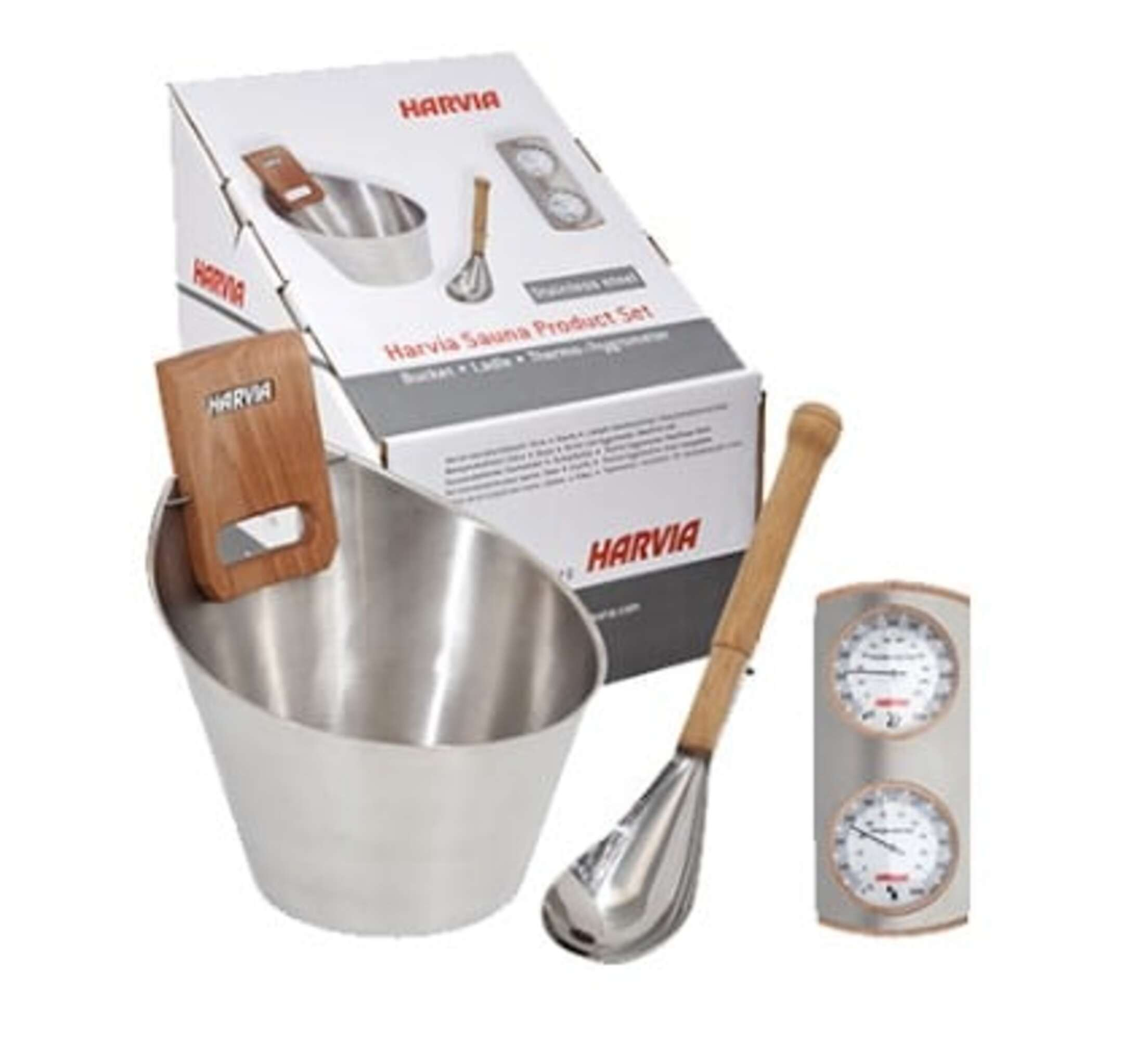 Juego de sauna con cubo de acero inoxidable, cucharón, mango de madera y termómetro.