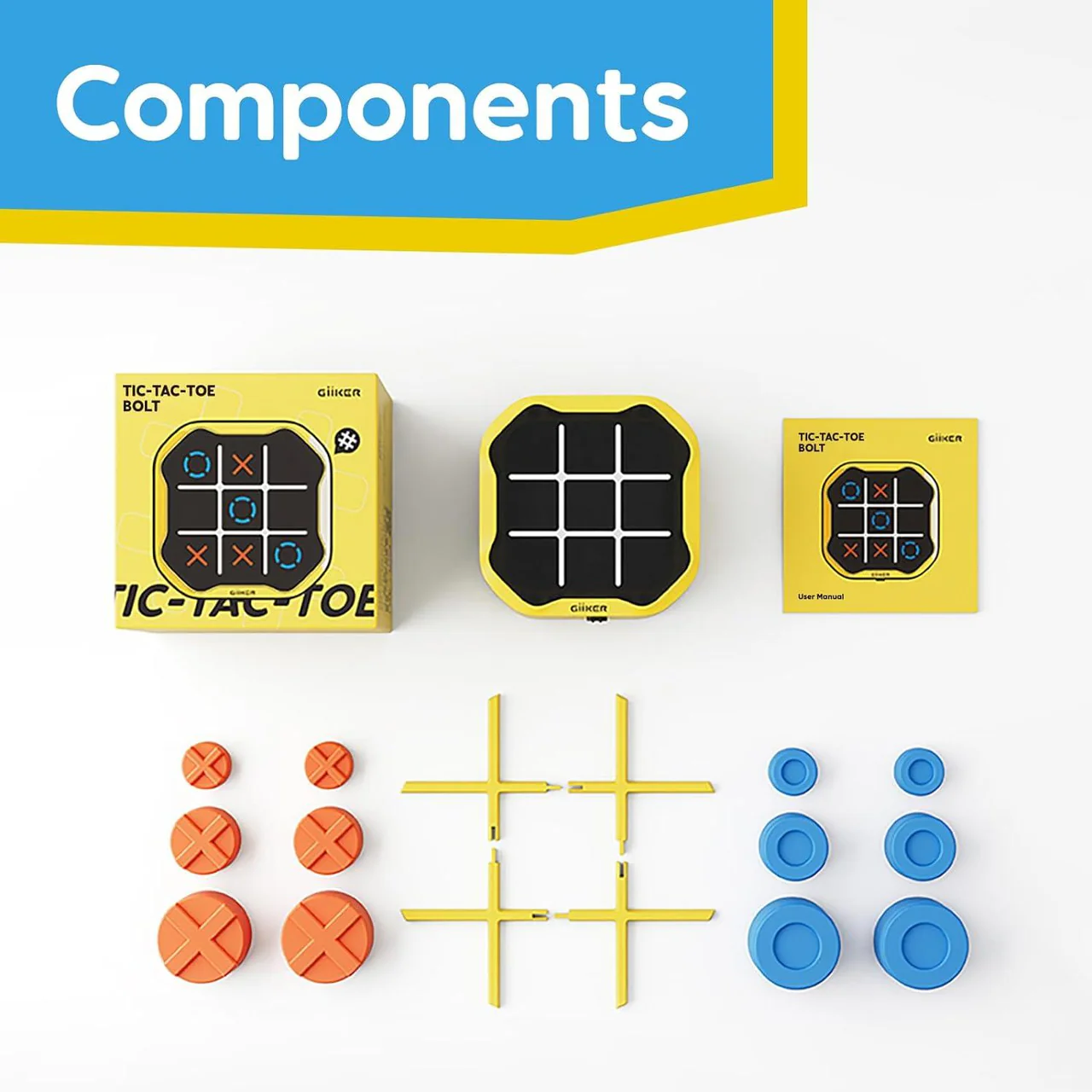 Components: Yellow and black Tic-Tac-Toe game with pieces.