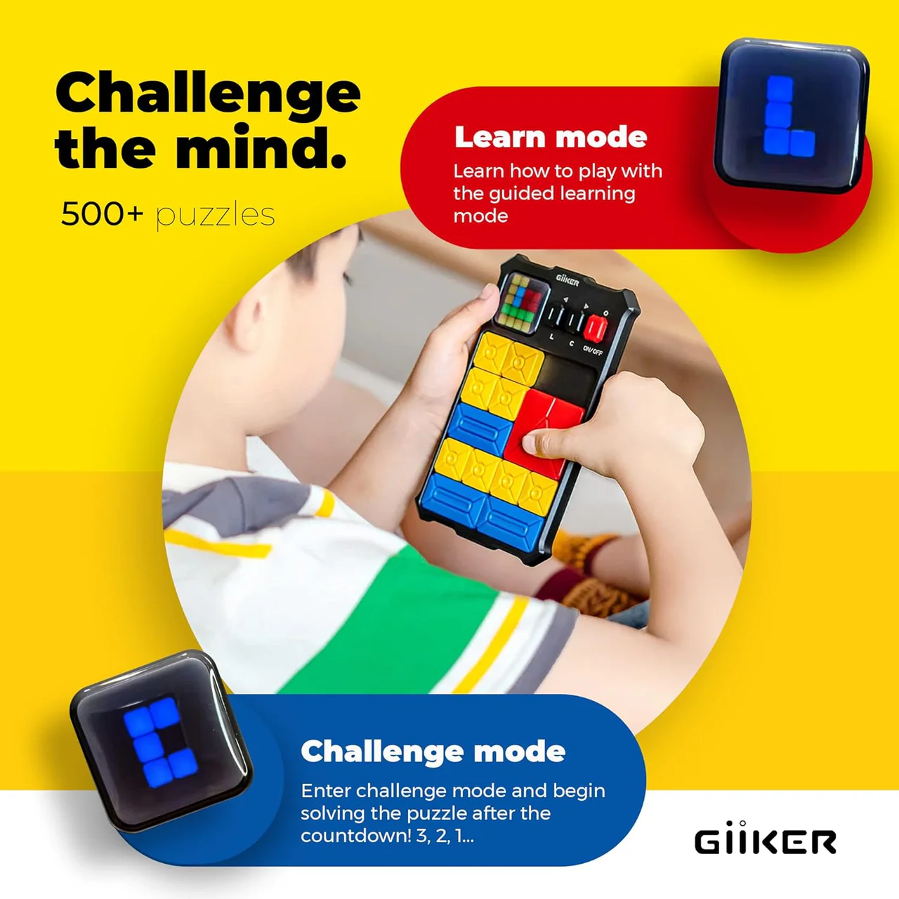 A child plays with a colorful Giiker puzzle toy, featuring learn and challenge modes.
