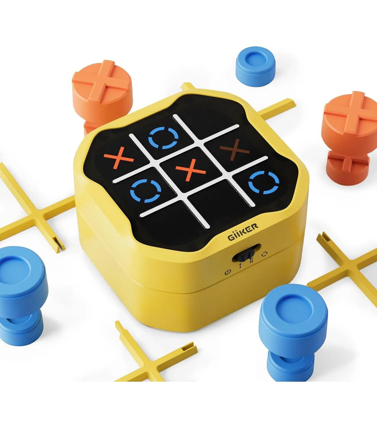 A yellow tic-tac-toe game with blue and orange game pieces.