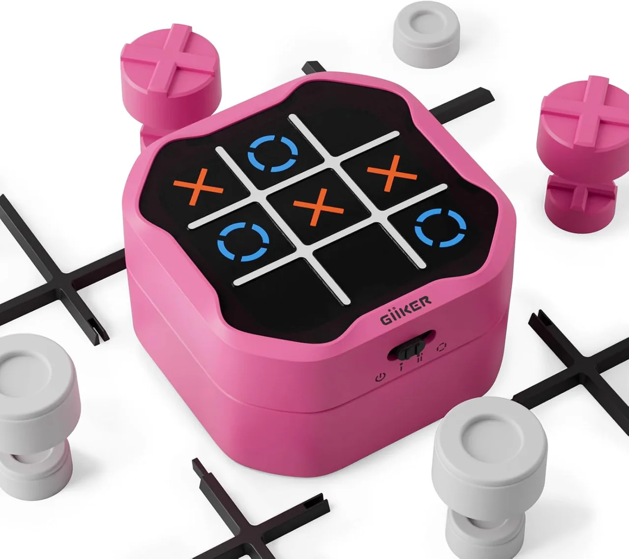 A pink tic-tac-toe game box with X and O pieces.