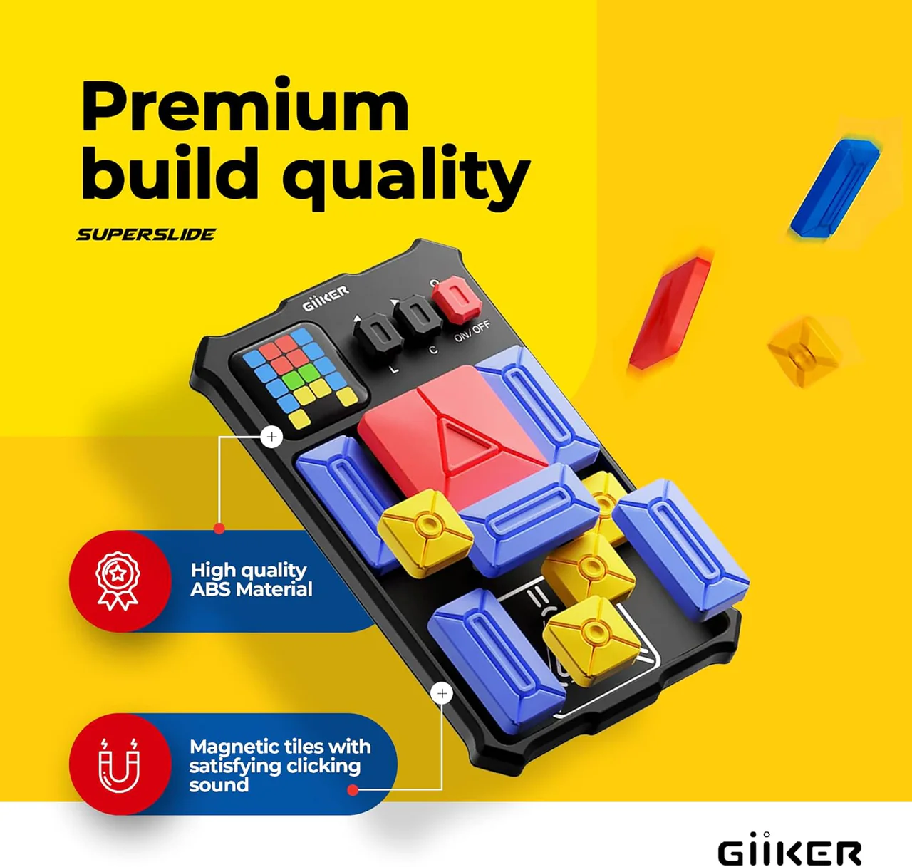 A Giiker magnetic puzzle toy with colorful tiles and buttons on a yellow background.