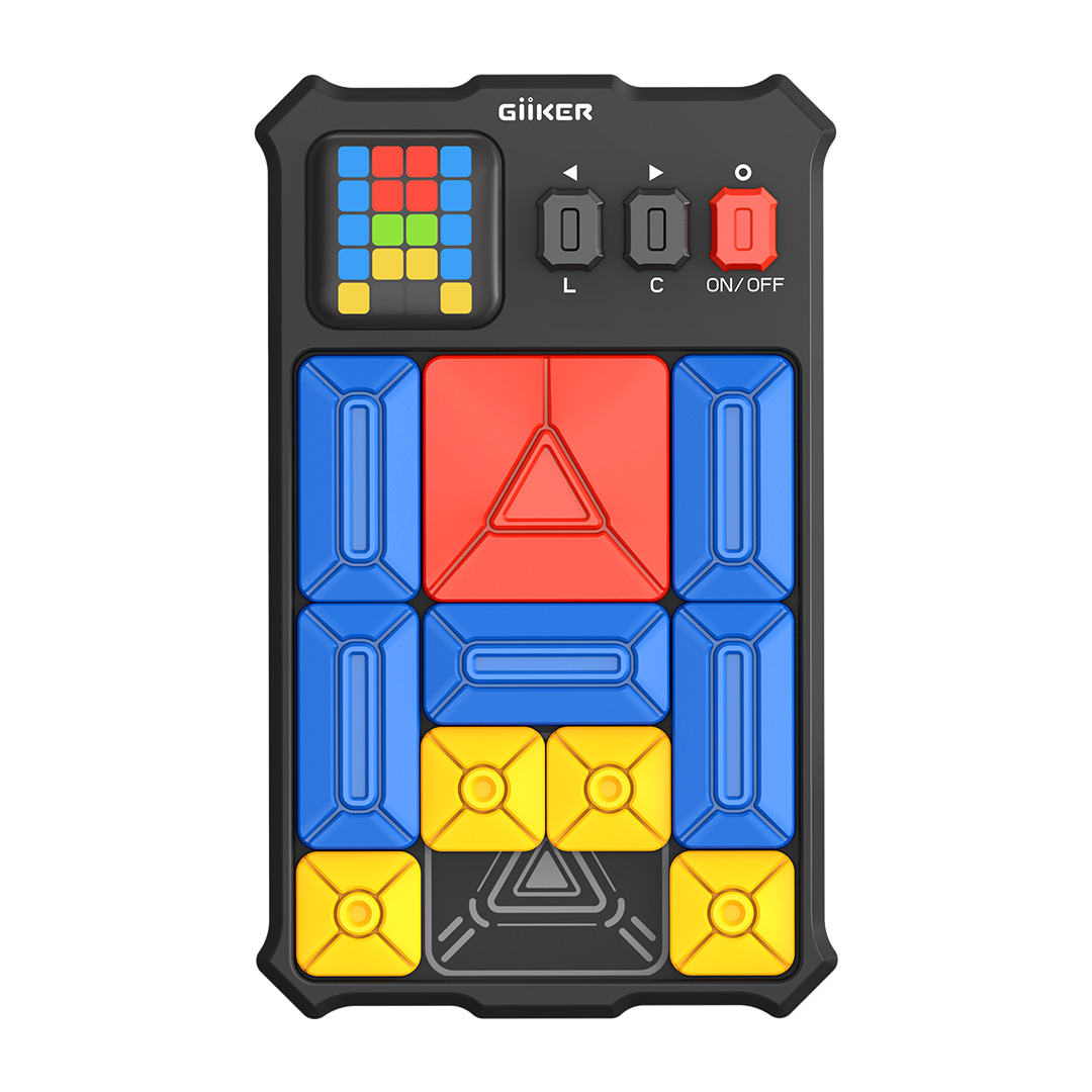 A black electronic puzzle toy with colorful blocks and buttons.