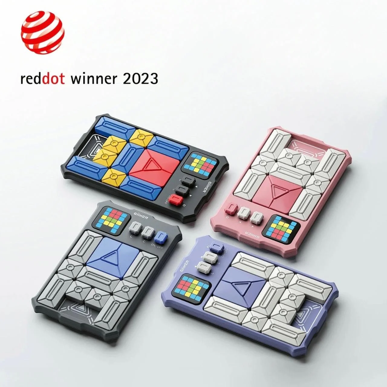 Four colorful logic toys with sliding puzzle pieces, two are open.