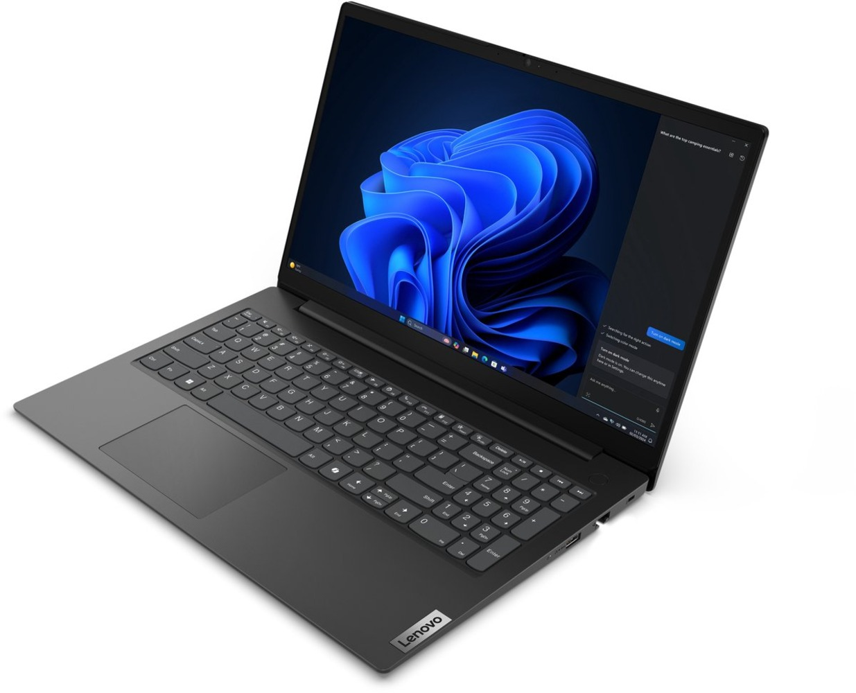 A closed black Lenovo laptop with a blue wallpaper on its screen.
