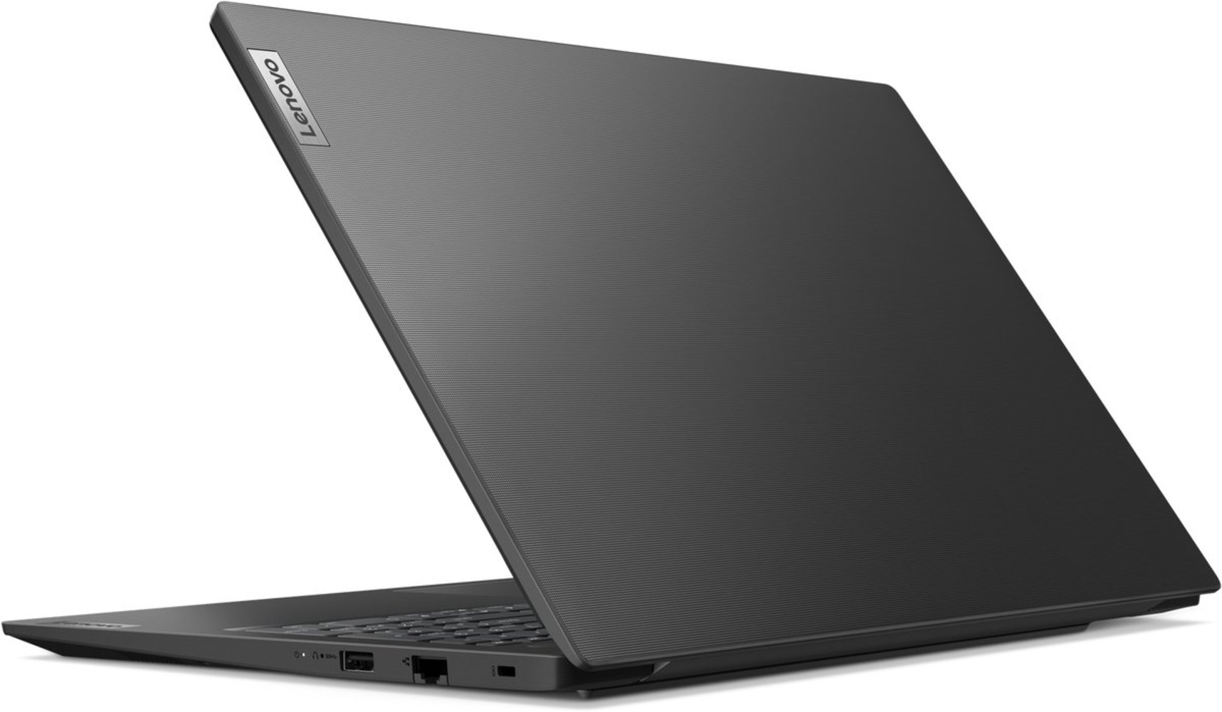 A closed, dark Lenovo laptop with a textured surface.