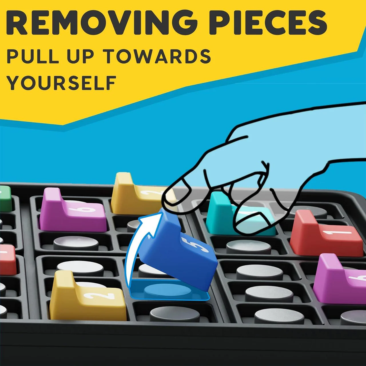 A hand pulls up a blue piece labeled '5'. Game board with colorful pieces visible.