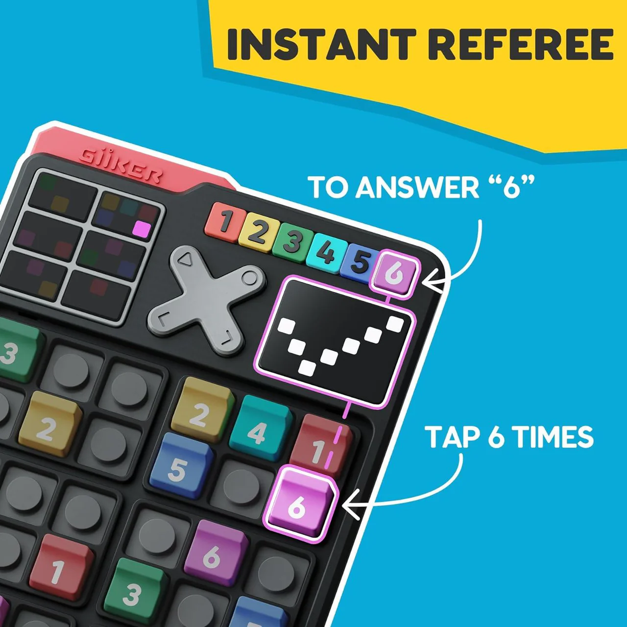 A game device with number and color buttons and a screen.