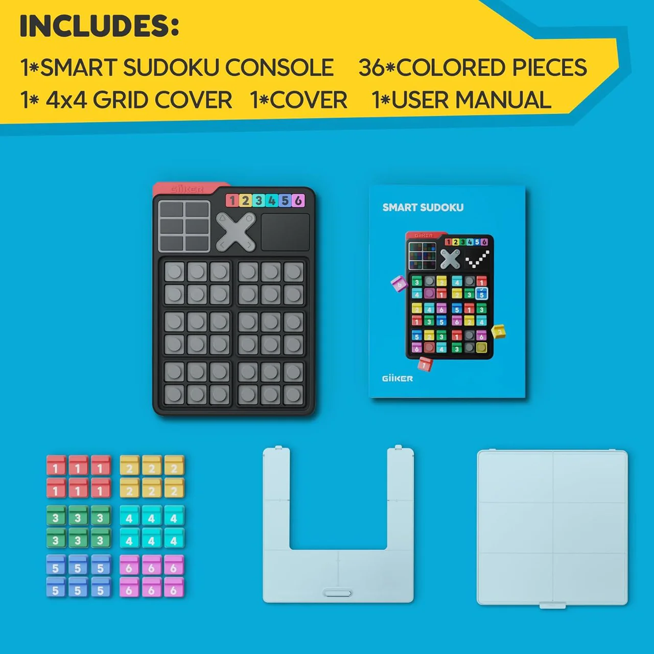 Smart Sudoku game contents: console, 36 pieces, 2 covers, manual.
