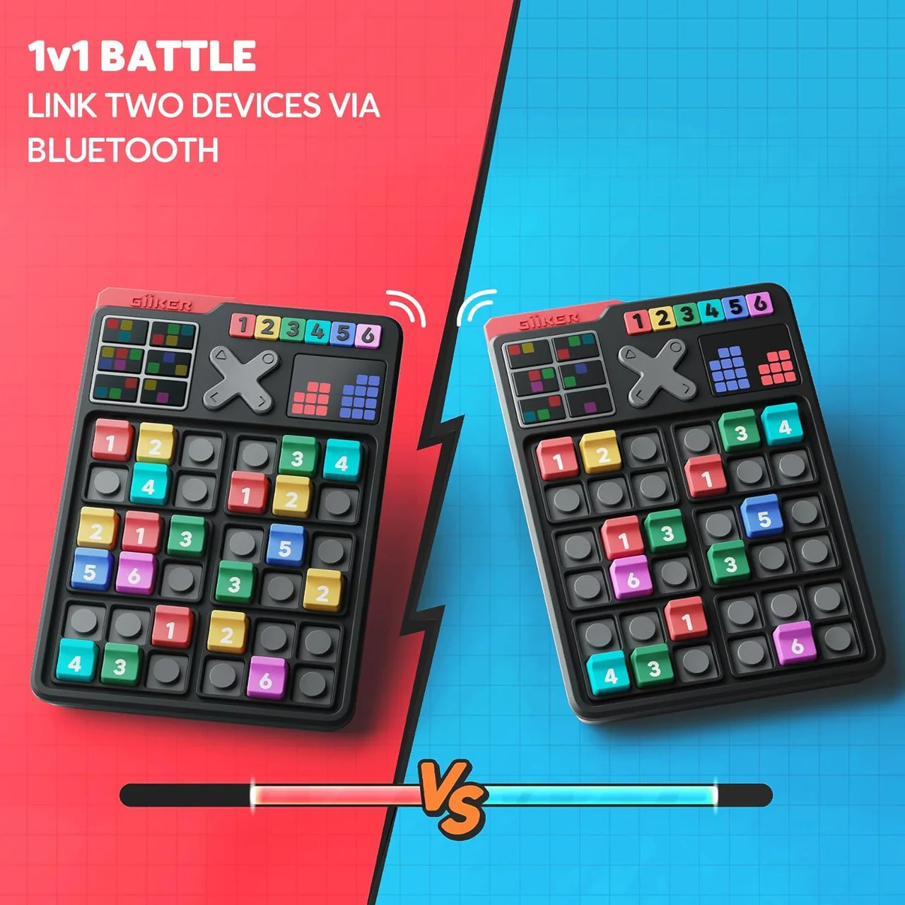 Two Giiker game consoles for 1v1 Bluetooth battles with numbered tiles.