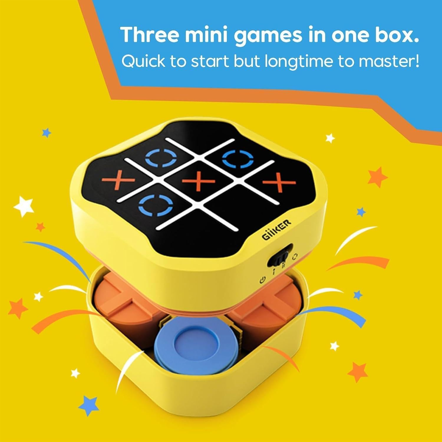 Yellow game box with tic-tac-toe board and orange game pieces inside.