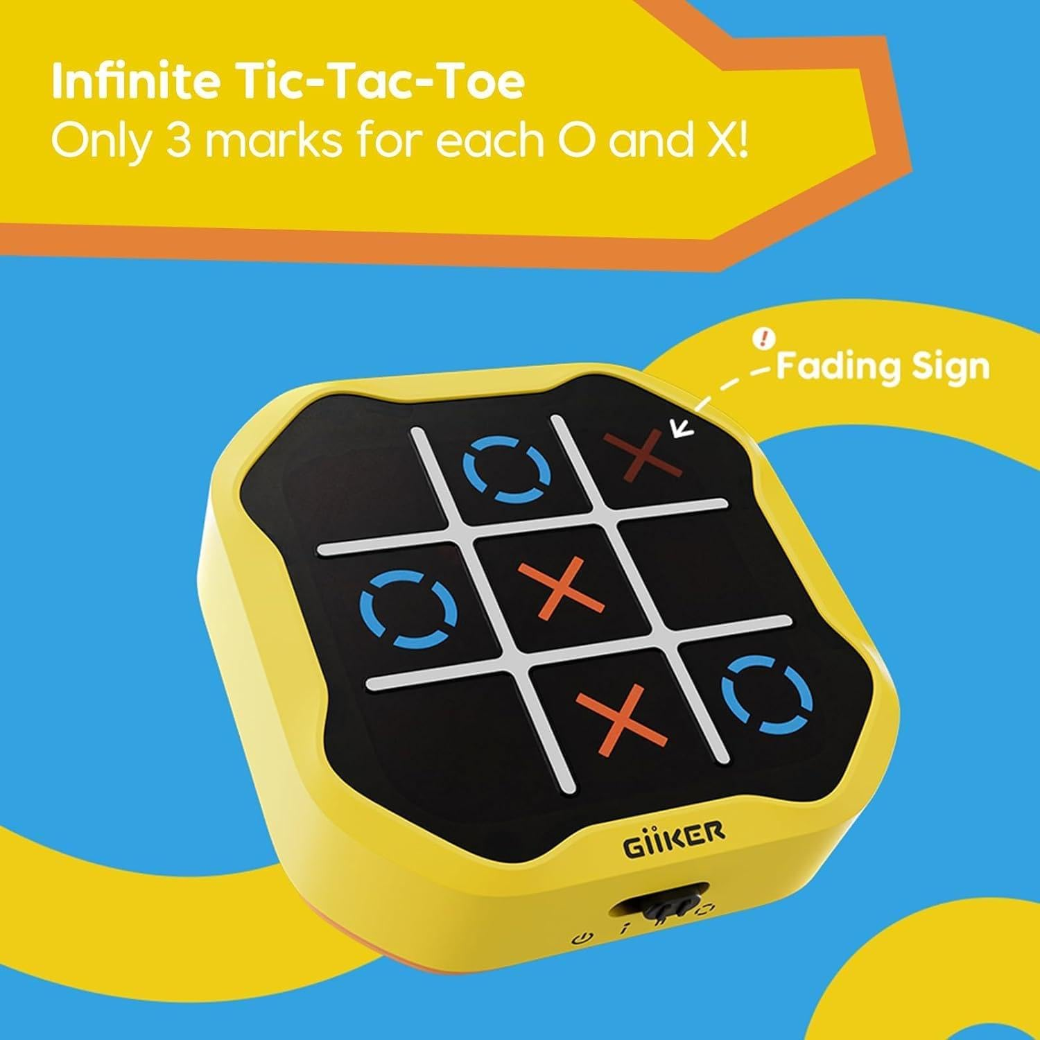 A yellow Tic-Tac-Toe game with blue Os and red Xs. Text is at the top.
