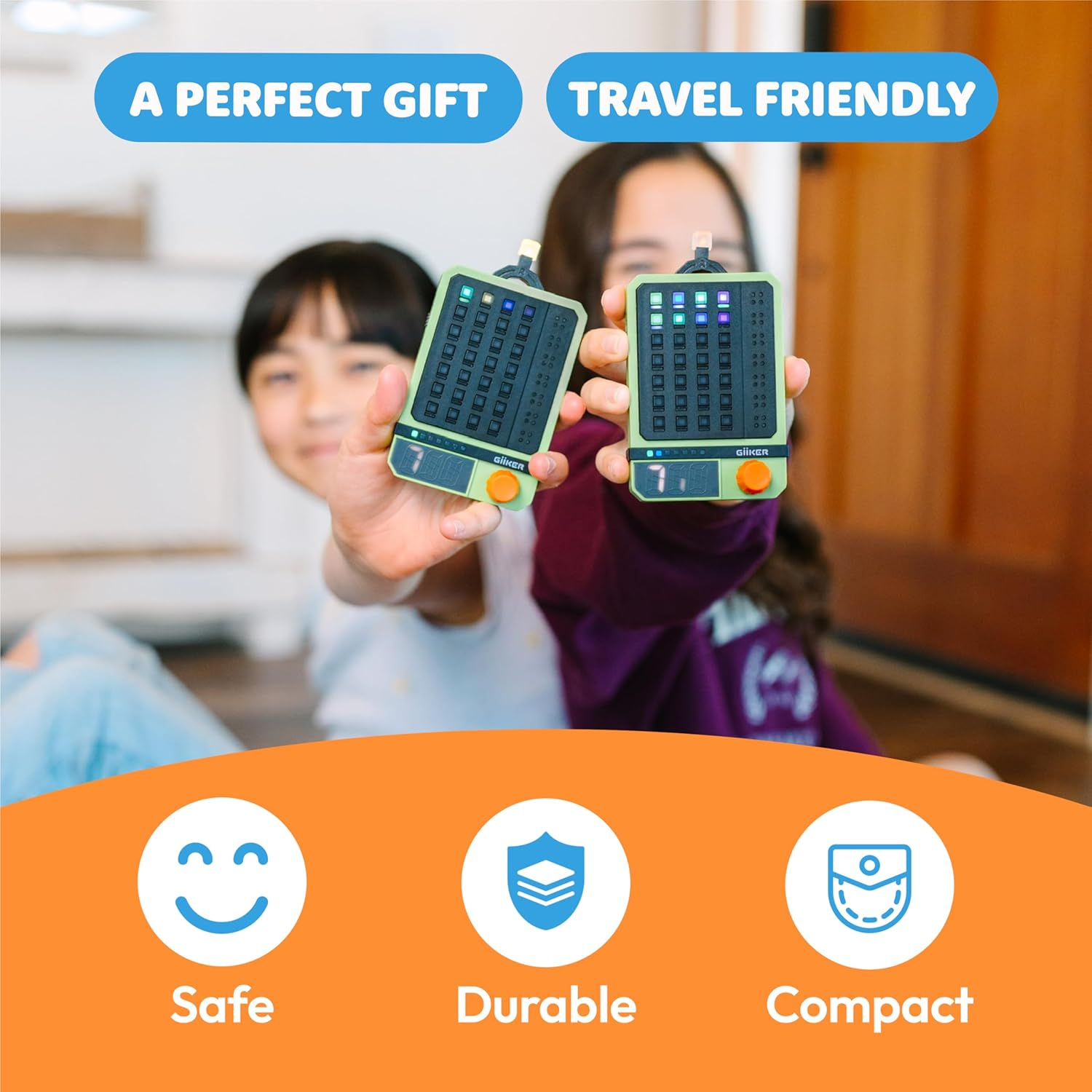 Two children hold gadgets, marked as perfect gift and travel friendly.