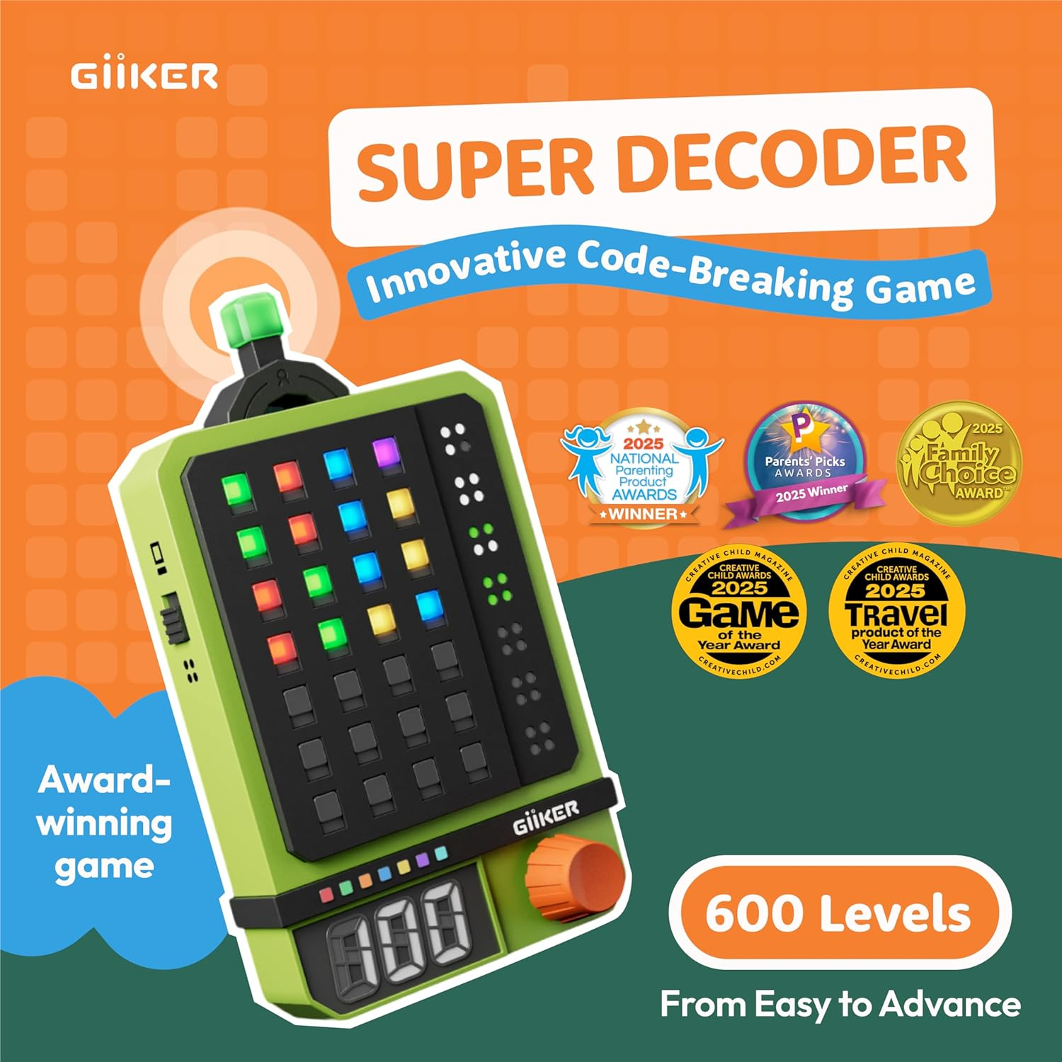 Green game device with colorful lights and awards. Super Decoder.