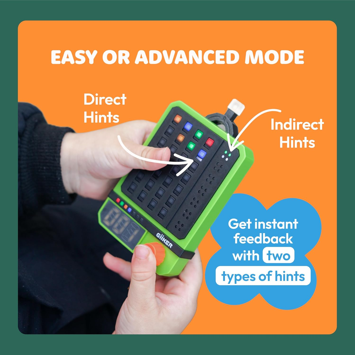 Green device with buttons and LEDs held by hands.