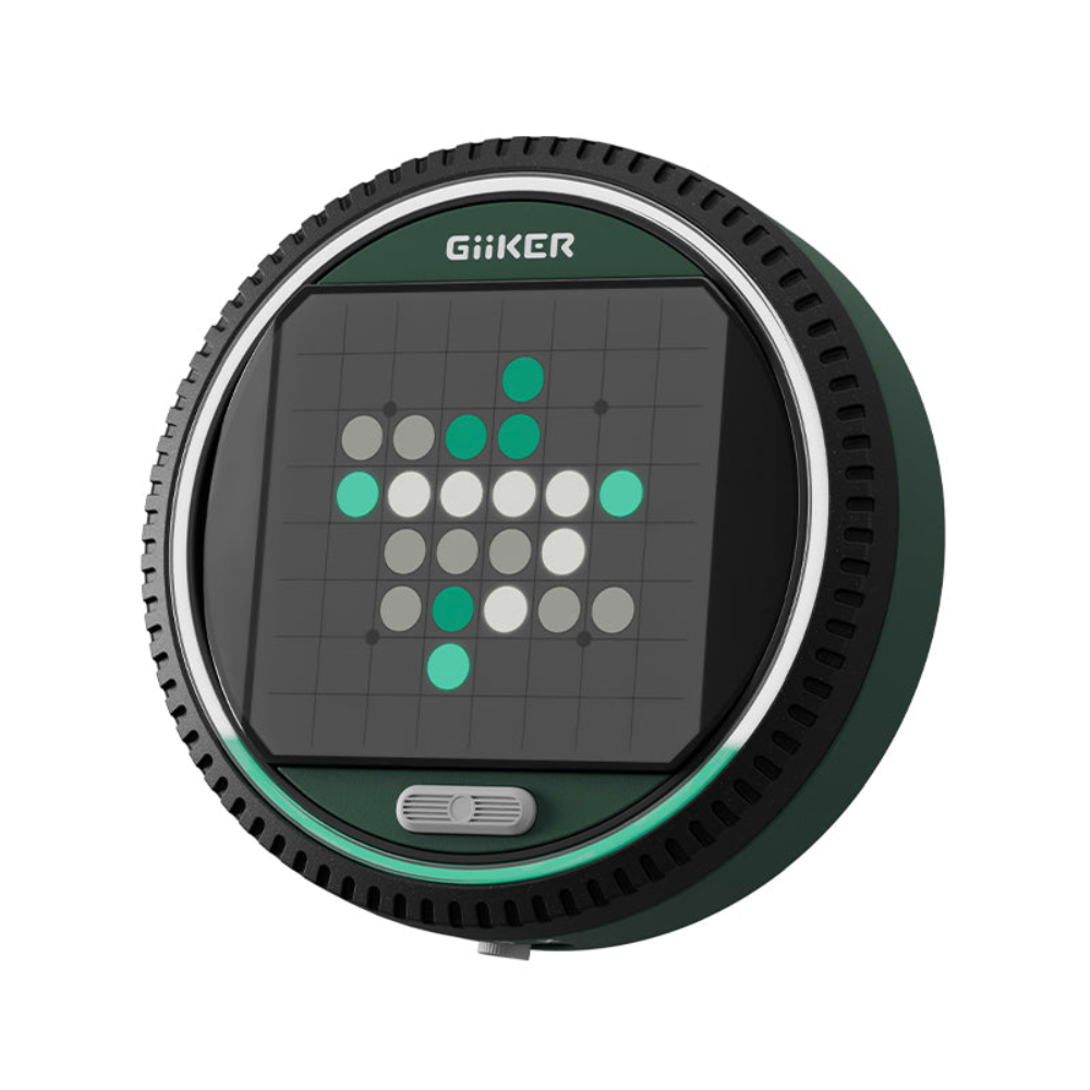 A dark, round device displaying a pixelated arrow pattern in green, white, and gray dots.